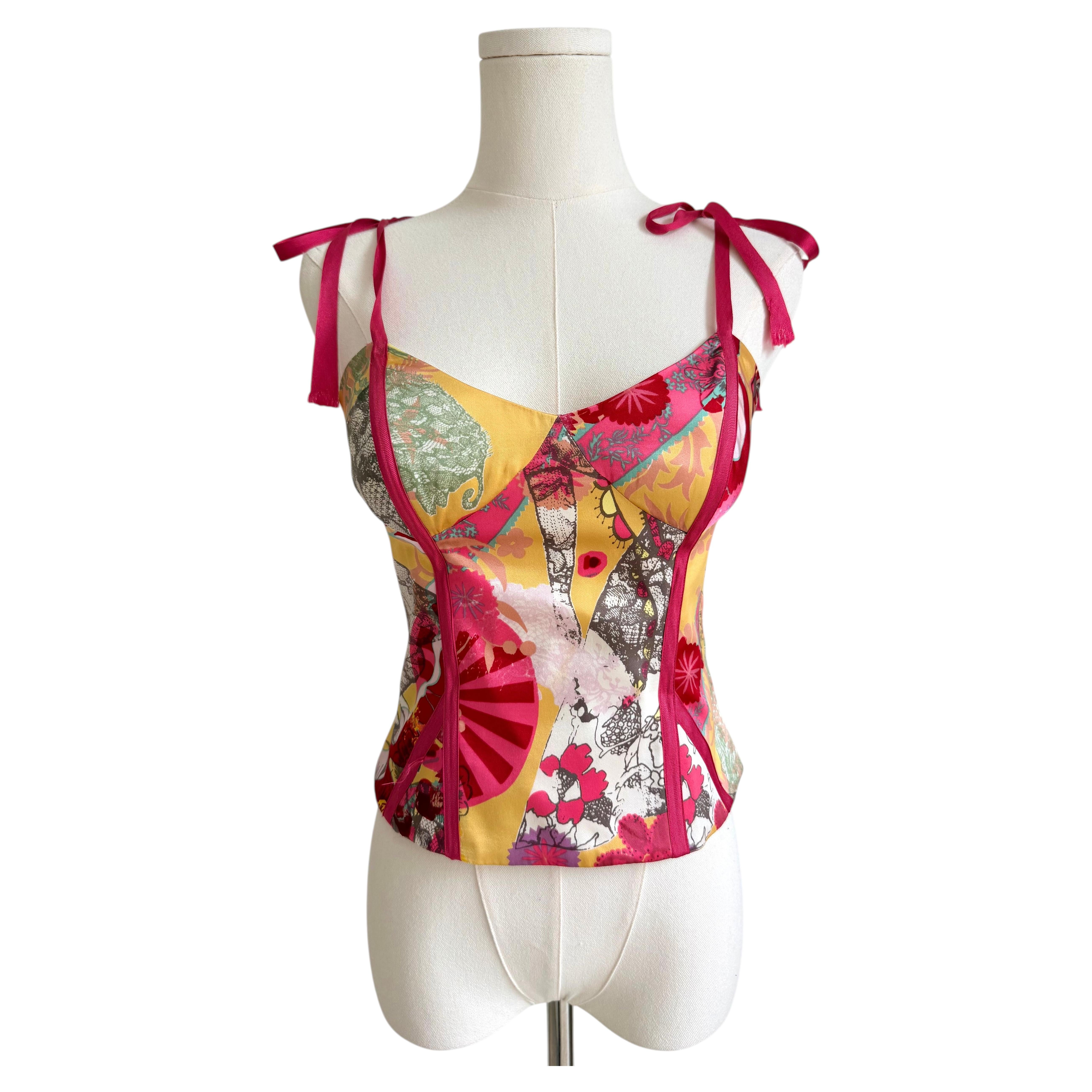 Christian Lacroix Bazar Pink & Yellow Collage Print Ribbon-Trim Corset Top
