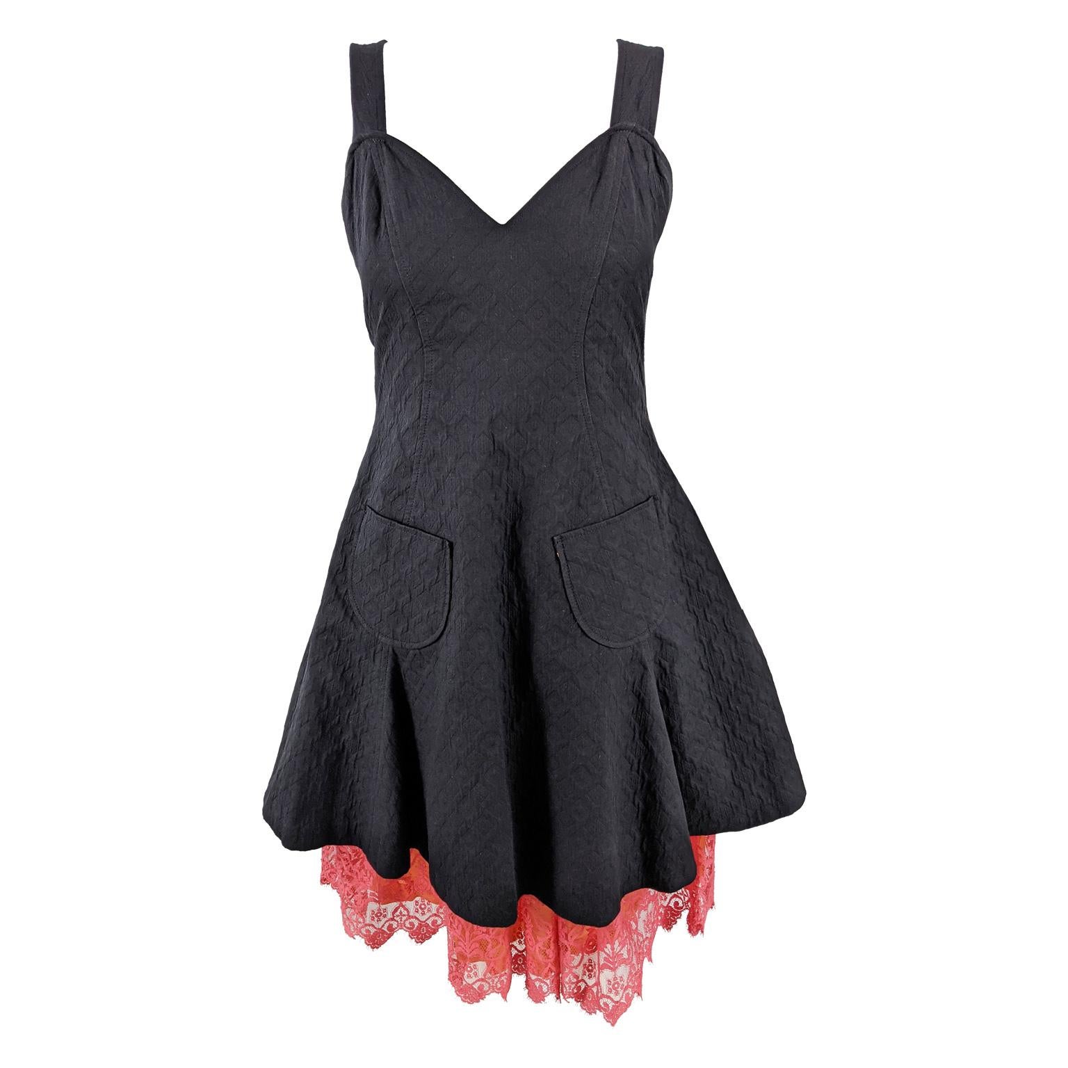 Christian Lacroix Bazar Vintage Black Apron & Coral Lace Dress, 1990s For Sale