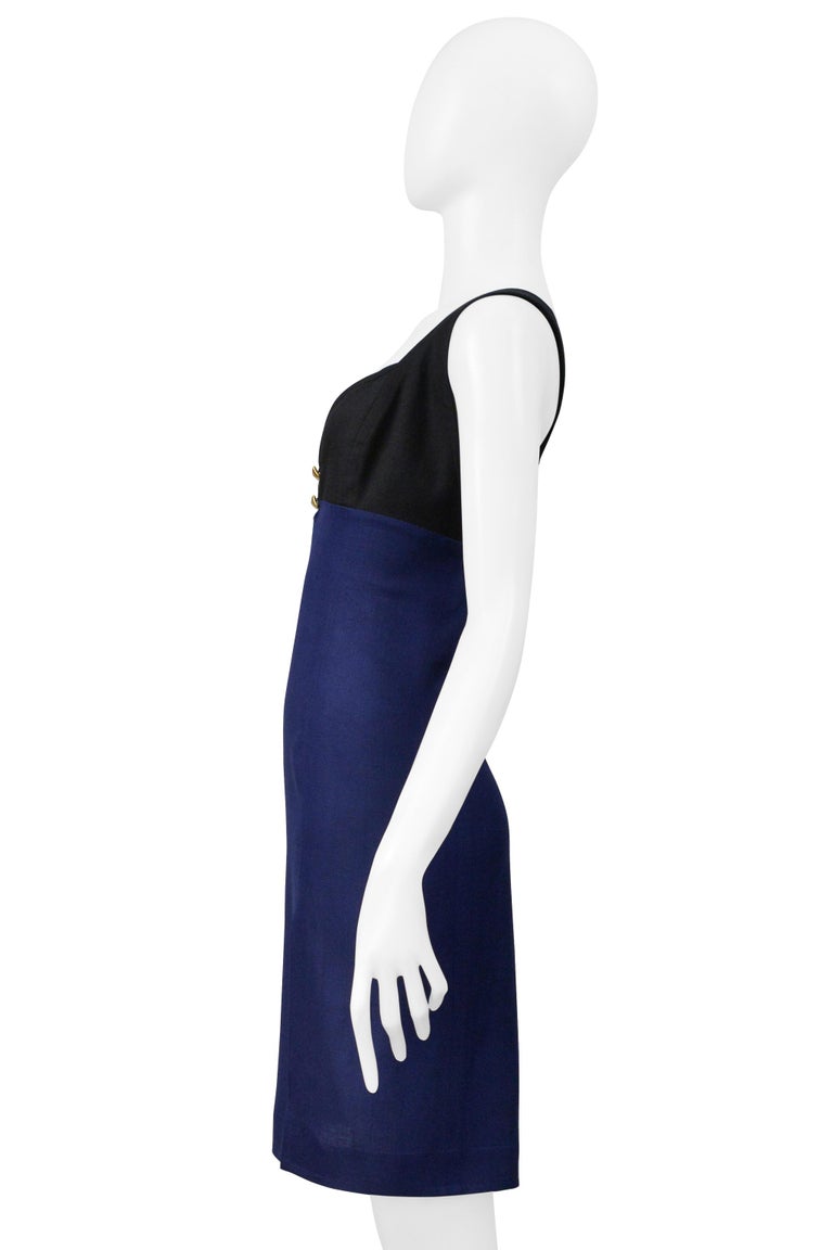 Christian Lacroix Black And Blue Linen Dress With Gold Hardware & Slit Christian Lacroix Black And Blue Linen Dress With Gold Hardware & Slit