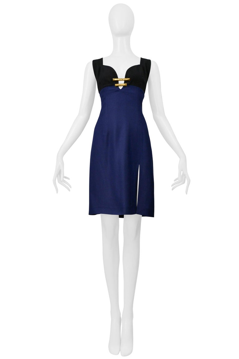 Christian Lacroix Black And Blue Linen Dress With Gold Hardware & Slit Christian Lacroix Black And Blue Linen Dress With Gold Hardware & Slit