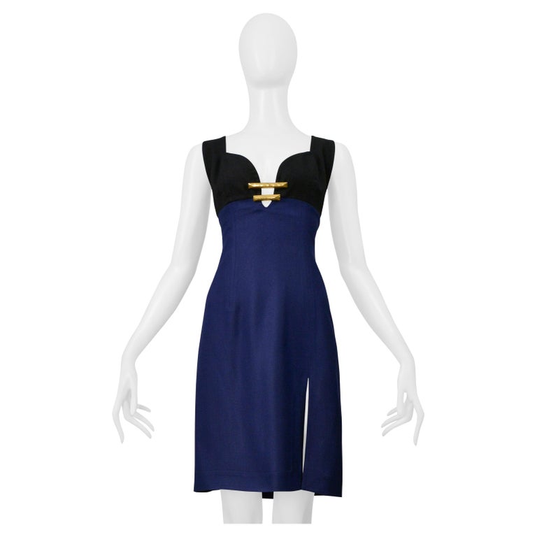 Christian Lacroix Black And Blue Linen Dress With Gold Hardware & Slit Christian Lacroix Black And Blue Linen Dress With Gold Hardware & Slit