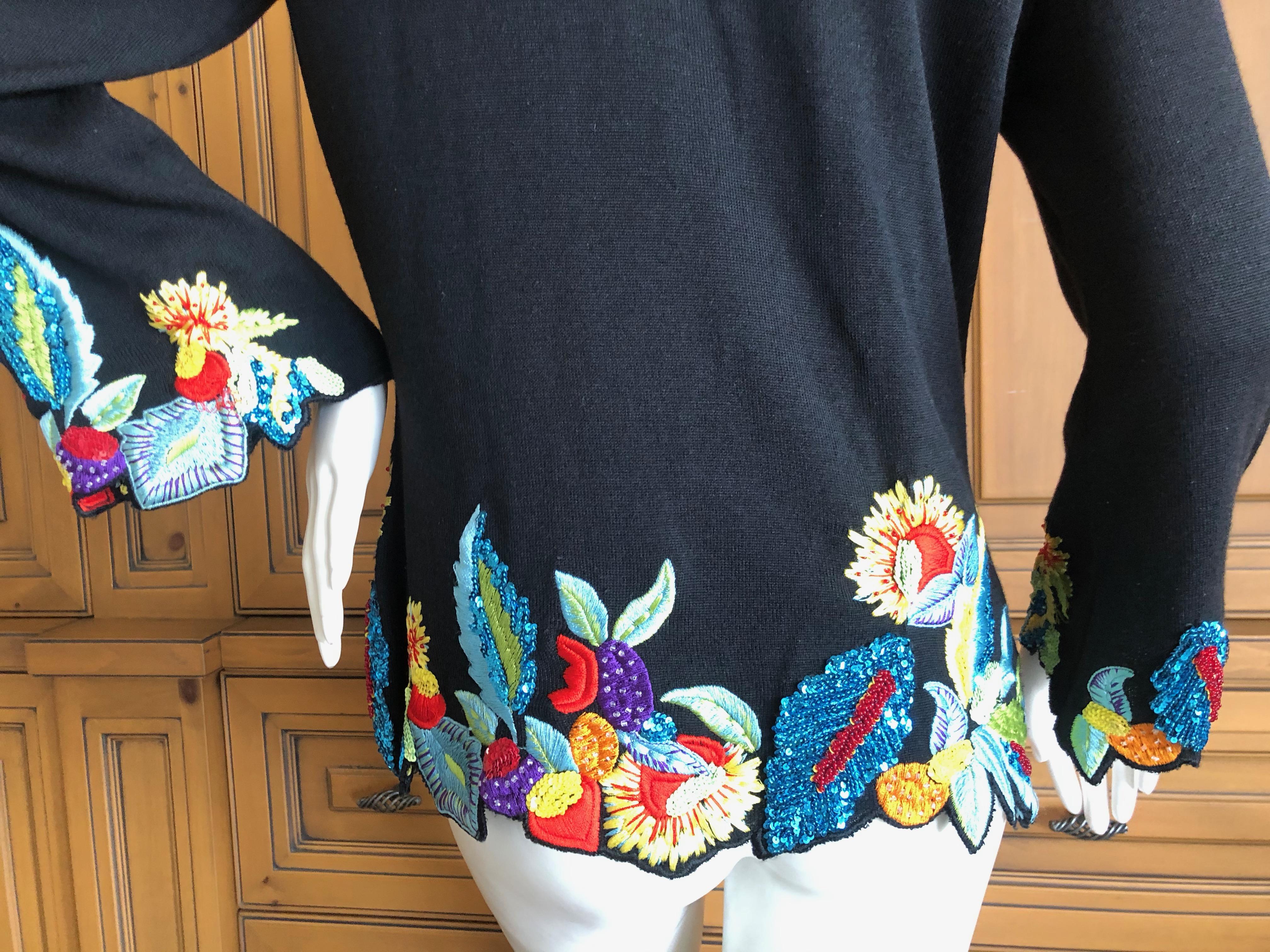 Christian Lacroix Black Cashmere Sweater with Exuberant Floral Embroidery In Good Condition For Sale In Cloverdale, CA
