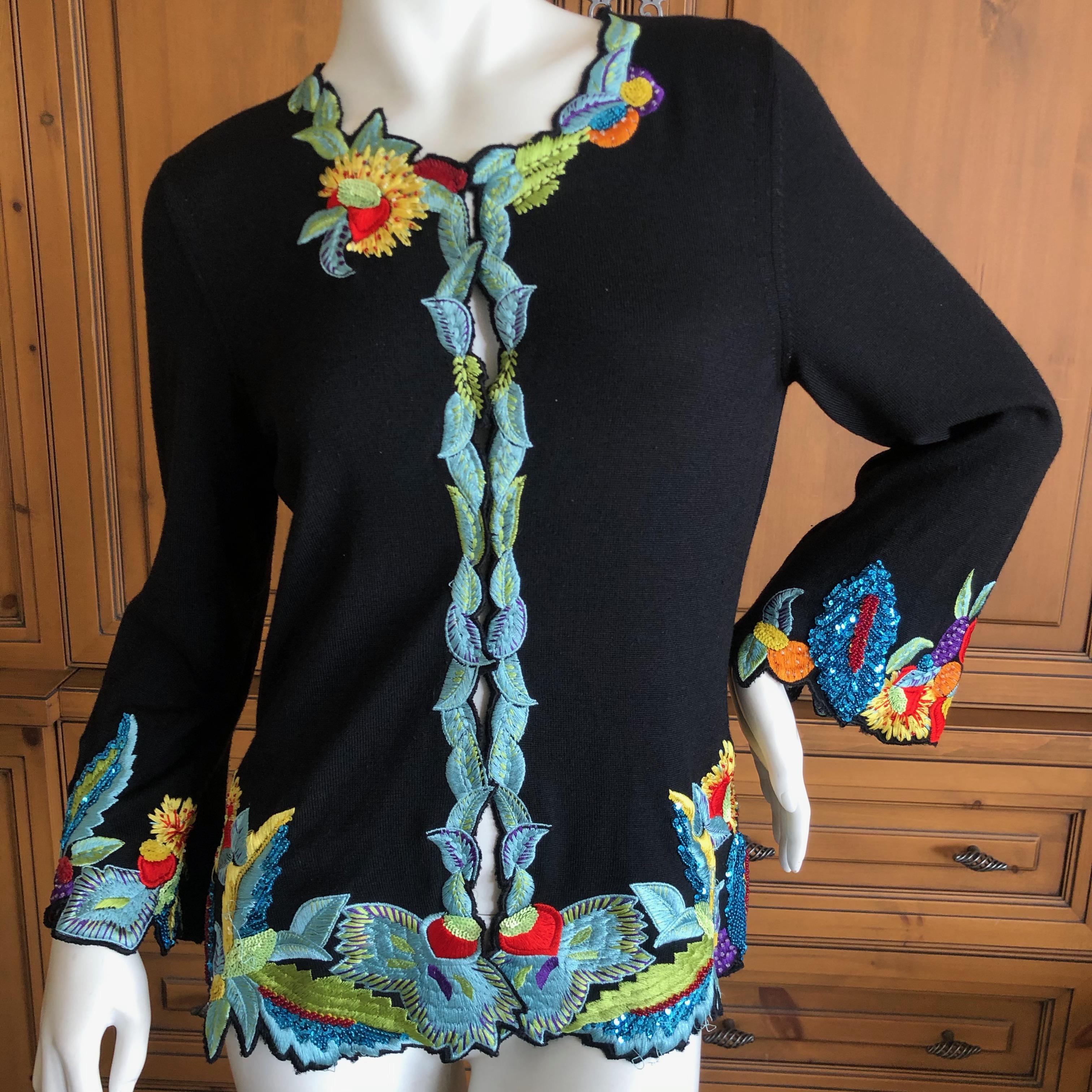 Christian Lacroix Black Cashmere Sweater with Exuberant Floral Embroidery For Sale 3