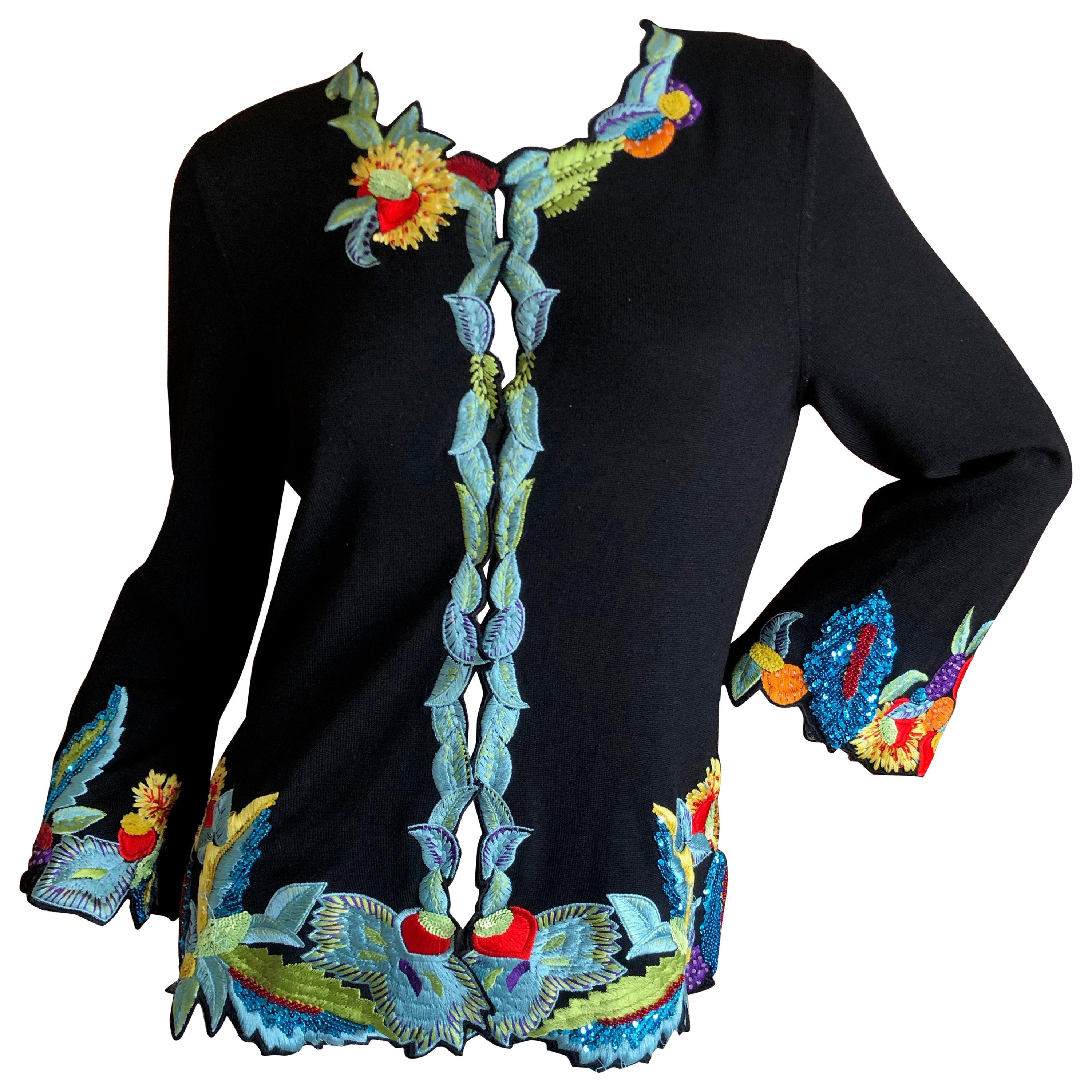 Christian Lacroix Black Cashmere Sweater with Exuberant Floral Embroidery For Sale