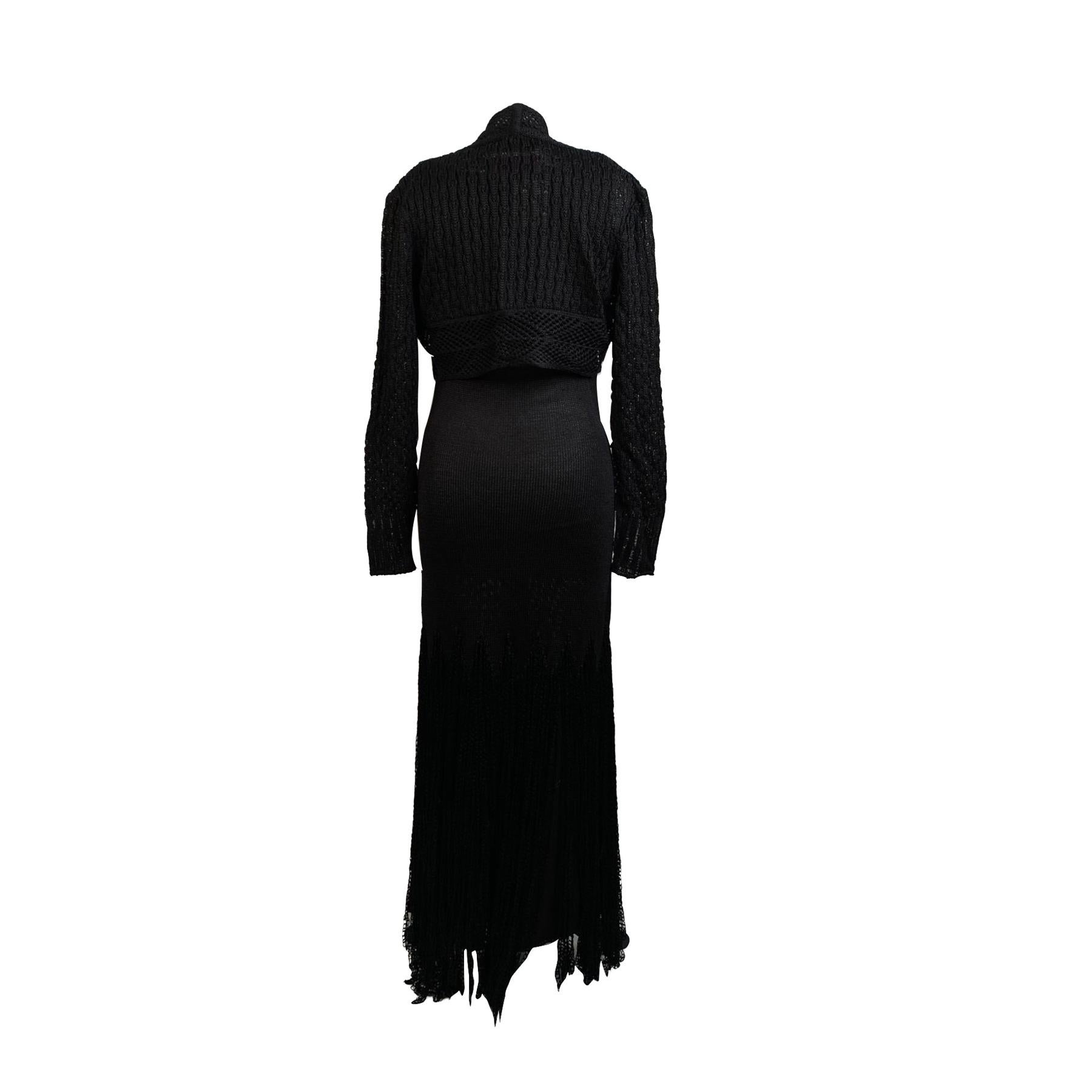 Beautiful set by Christian Lacroix consisting of a maxi leeveless dress and a matching cropped jacket. The dress features a straight neckline with crochet detail and fringed detailing on the skirt. Composition: 100% Viscose. Unlined. Size is not