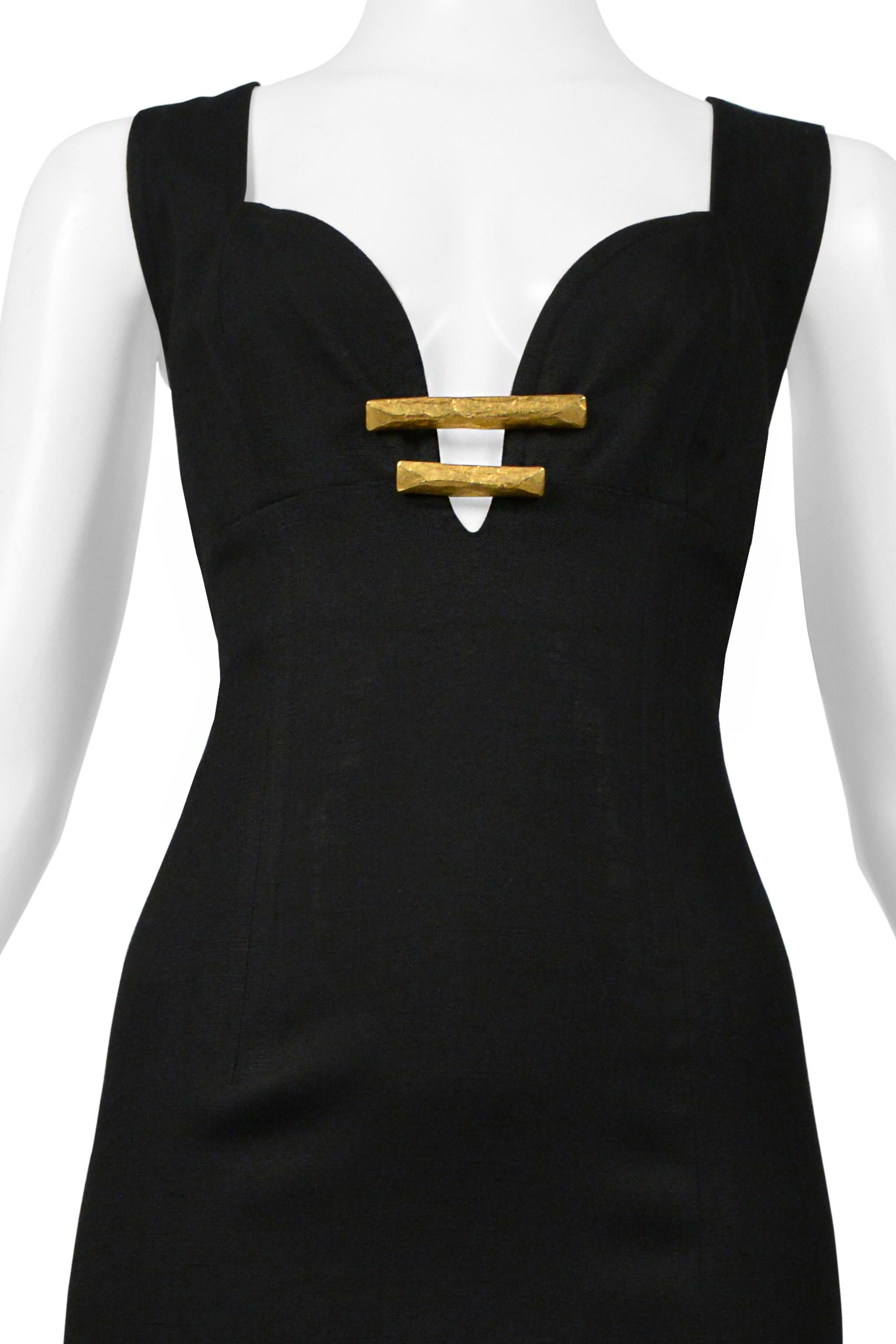 Women's Christian Lacroix Black Linen Dress With Gold Tone Hardware & Dramatic Slit