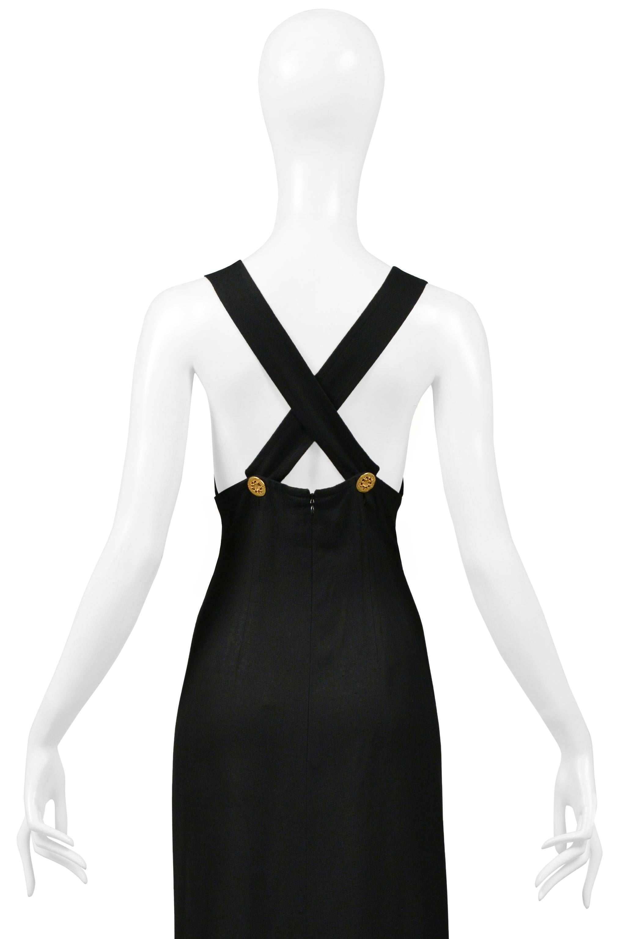 Christian Lacroix Black Linen Dress With Gold Tone Hardware & Dramatic Slit 2