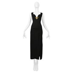 Vintage Christian Lacroix Black Linen Dress With Gold Tone Hardware & Dramatic Slit