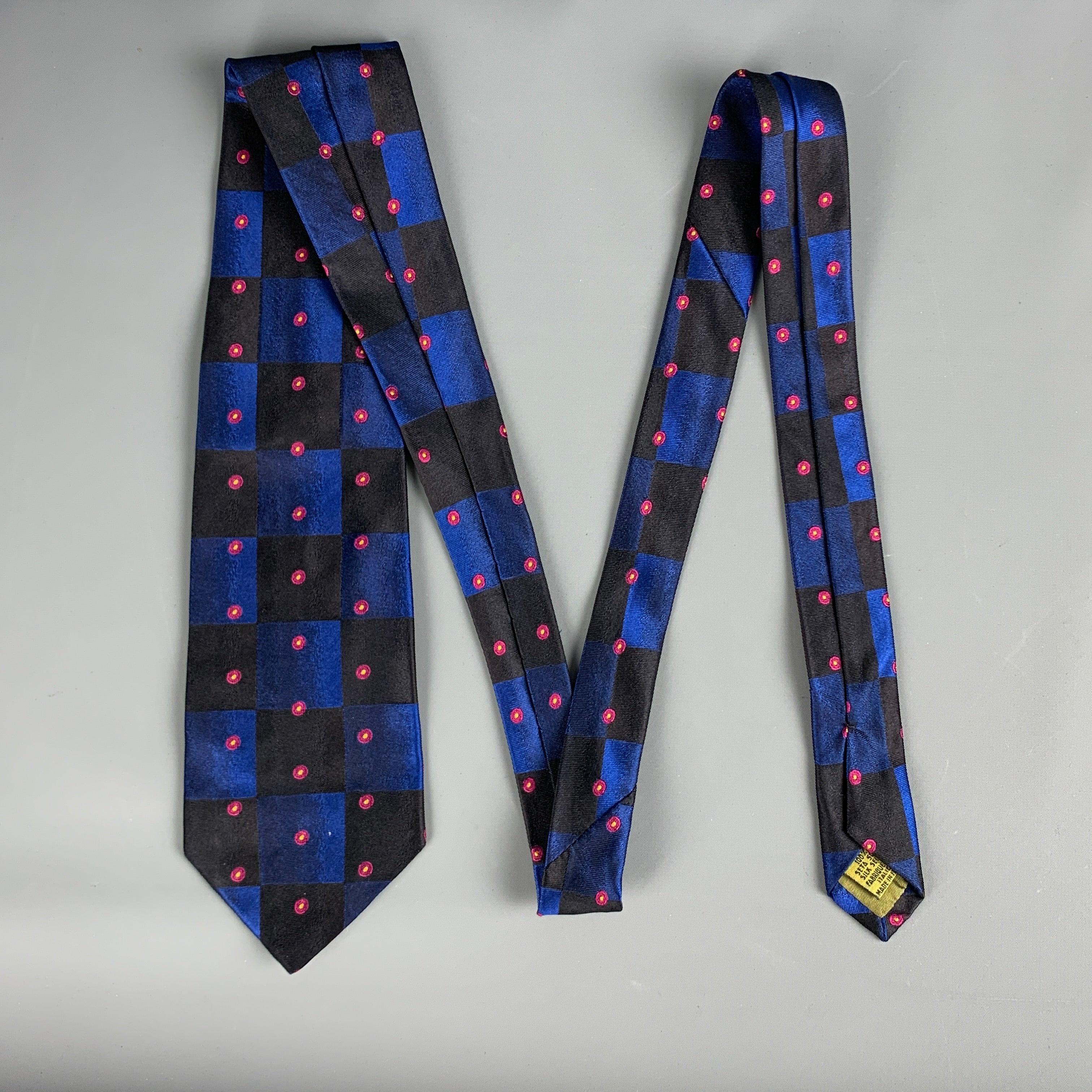 CHRISTIAN LACROIX Black Navy Checkered Silk Tie In Good Condition In San Francisco, CA
