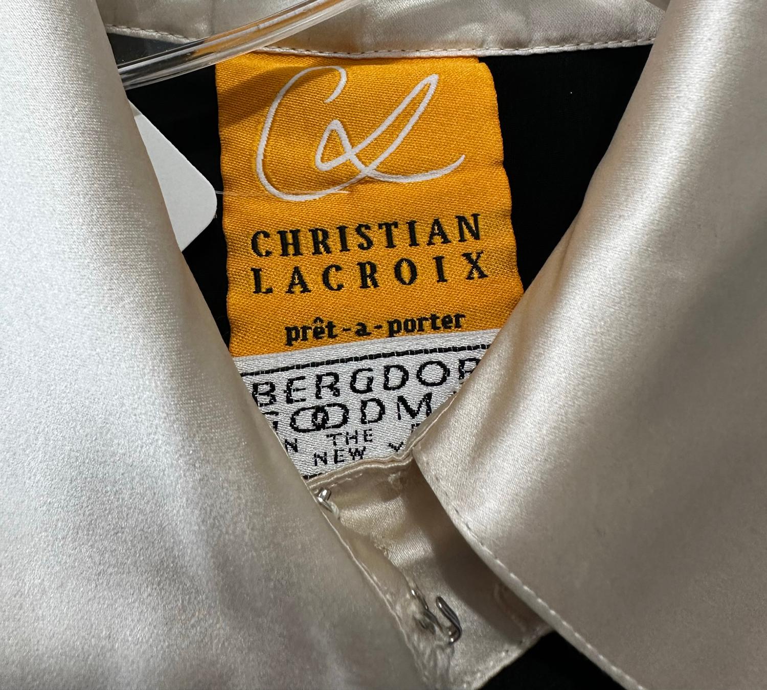 Christian Lacroix - Robe en mousseline de soie noire avec col et poignets en soie blanc cassé  en vente 3