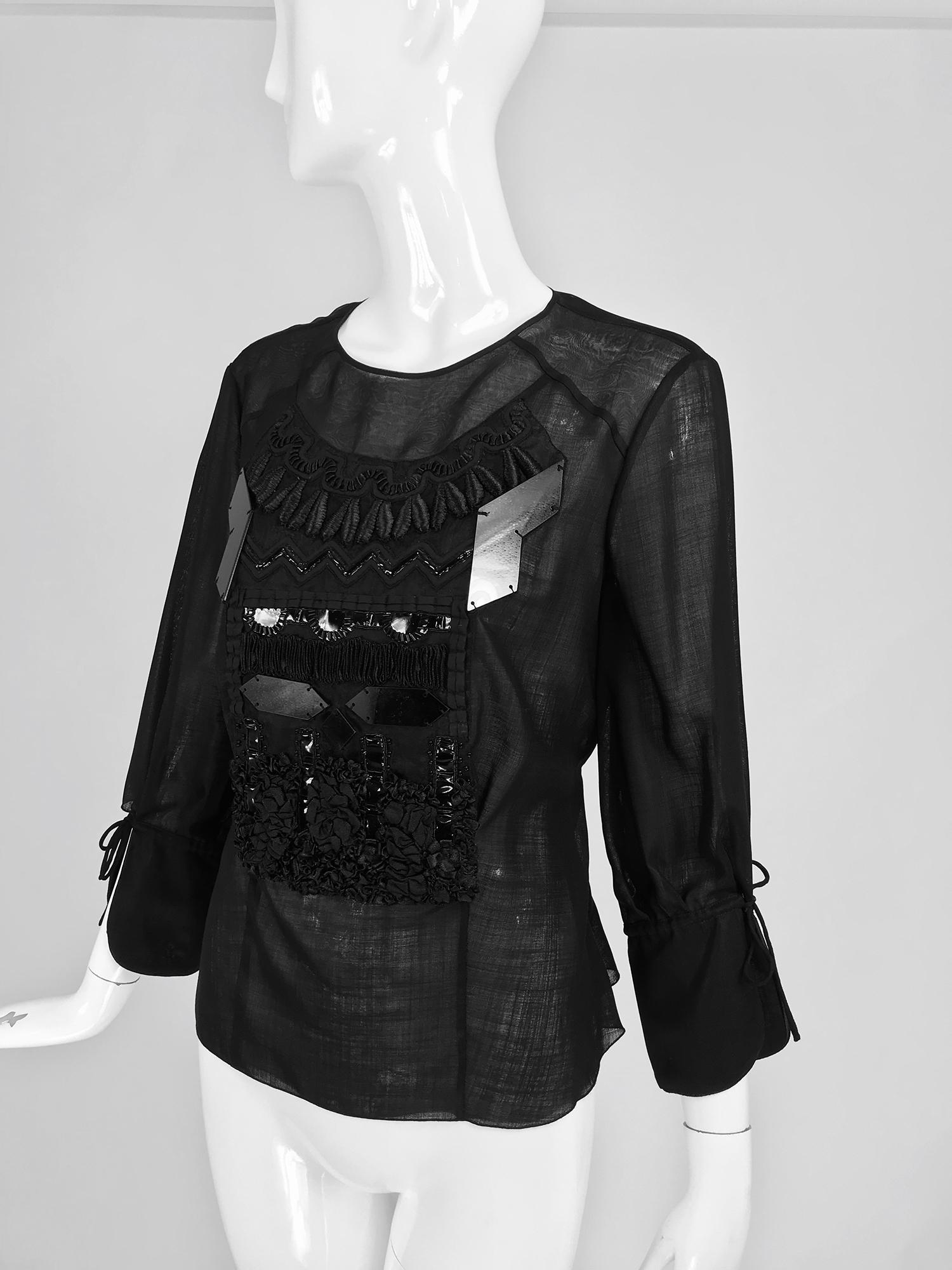 Christian Lacroix Black Silk Organza Embroidered Sequin Appliqued Blouse For Sale 6