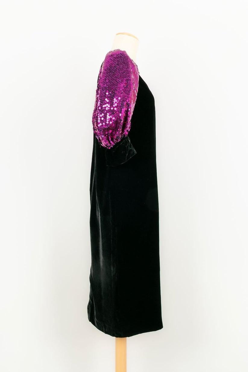 Women's Christian Lacroix Black Silk Velvet Dress with Puffed Sleeves and Purple Sequins For Sale