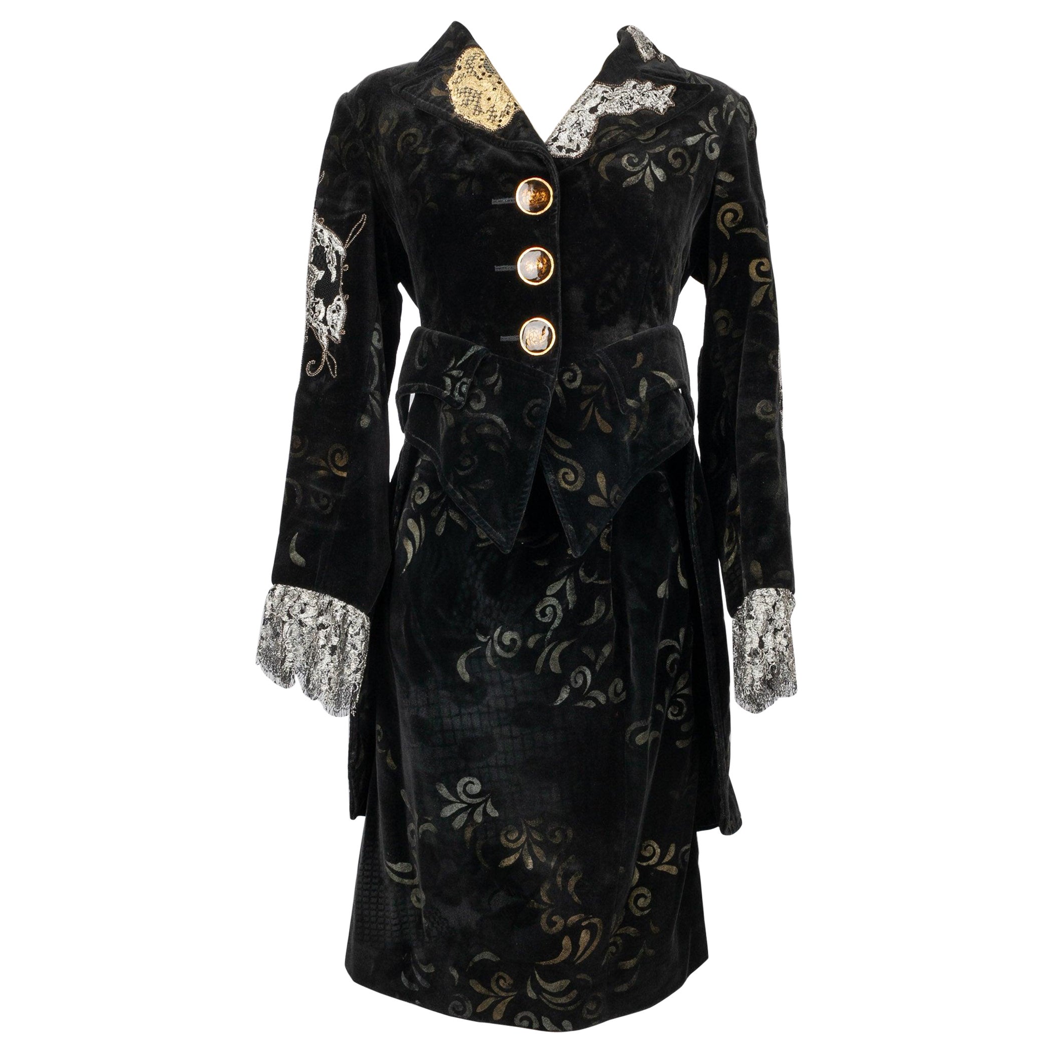 Christian Lacroix Traje Falda Terciopelo Negro Cosido