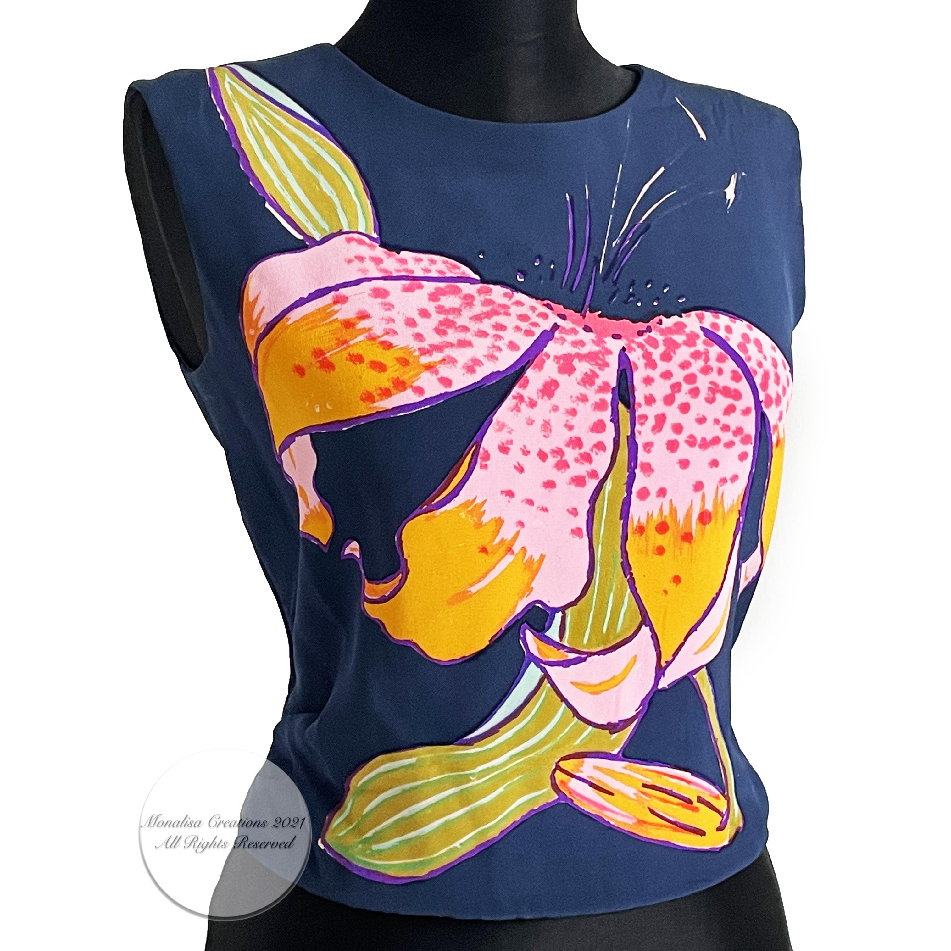 Authentic, preowned, vintage haute couture Christian Lacroix Hand Painted Lily Silk Blouse, 90s. Rare find, numbered, true haute couture. Made from crisp navy silk, with a bold hand-painted lily, pleating at the sides & fastens in back with several