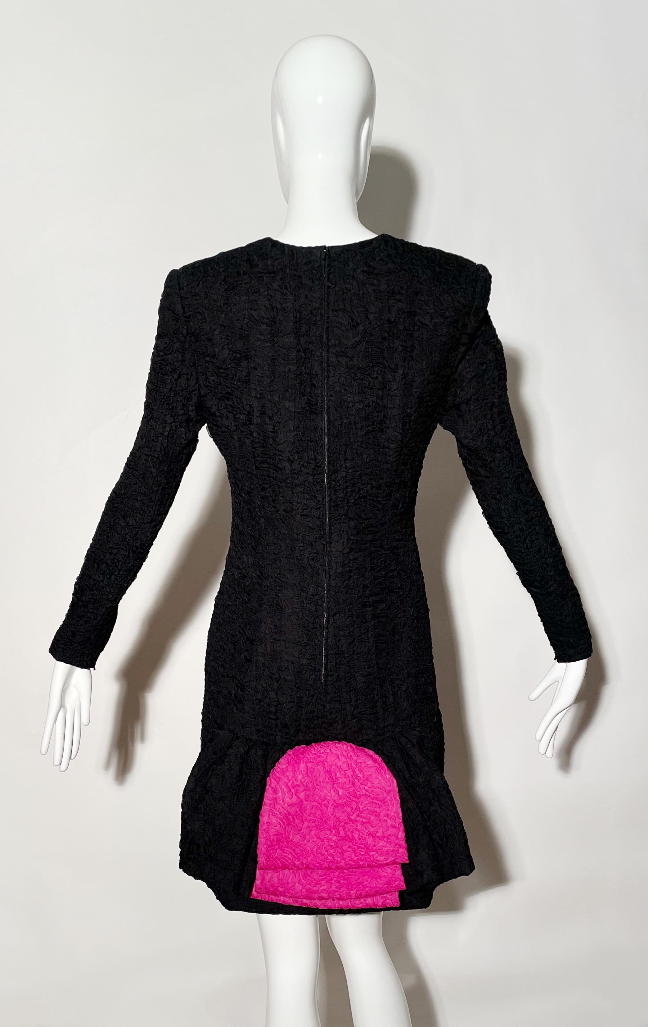 Black and pink cocktail dress. V-neck. Large rear bow detail. Rear zipper. Shoulder pads. Lined. Silk. Made in France. 
*Condition: excellent vintage condition. No visible flaws.

Measurements Taken Laying Flat (inches)—
Shoulder to Shoulder: 16
