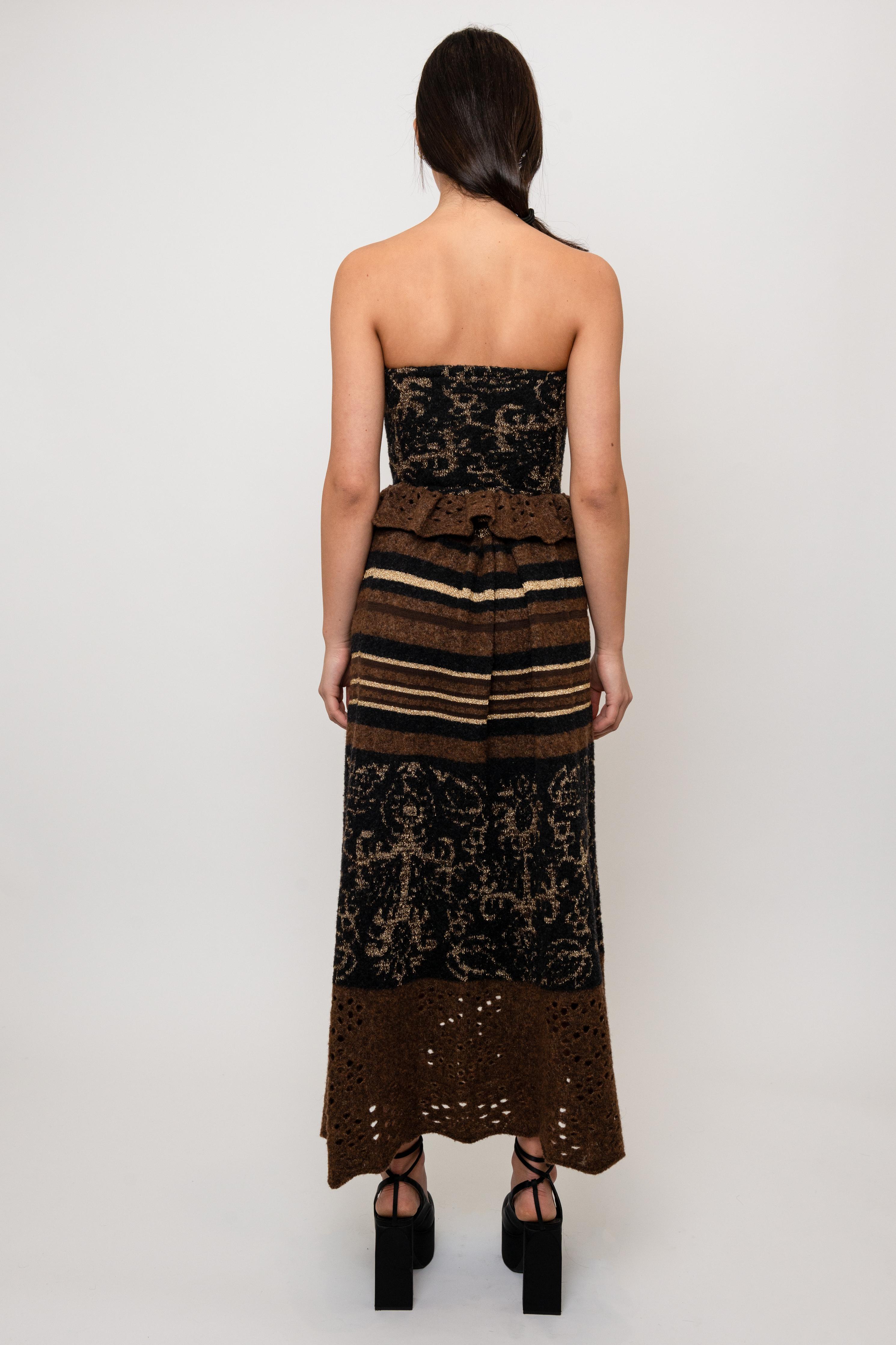 Ensemble corset top et jupe en maille péplum rayée, marron, Lacroix en vente 1