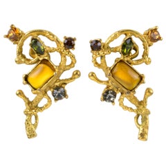 Christian Lacroix Brutalist Gilt Metal Jeweled Clip Earrings