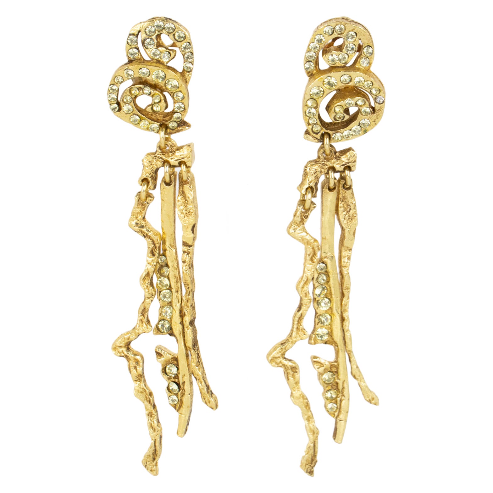 Christian Lacroix Brutalist Gilt Metal Jeweled Dangle Clip Earrings For Sale