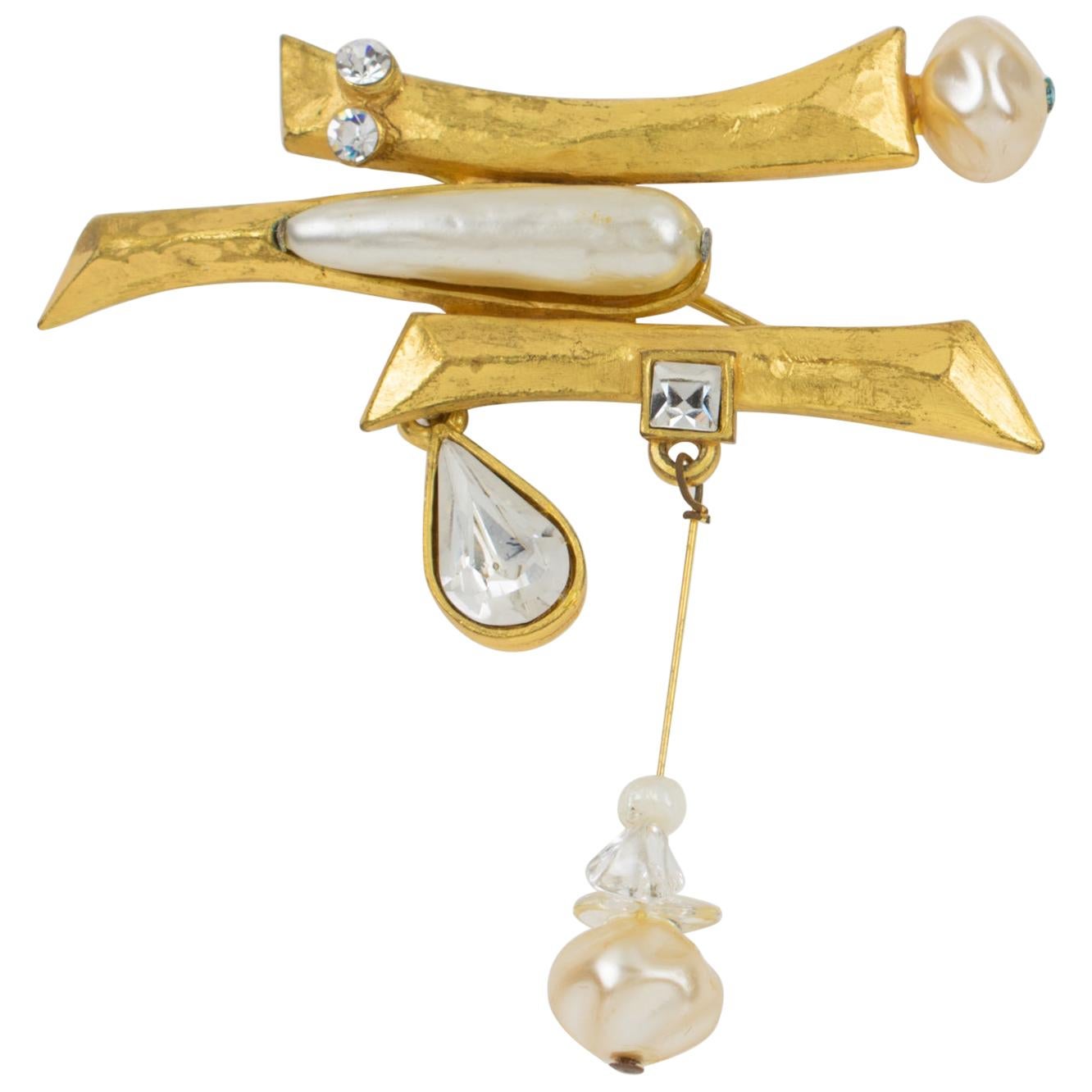 Christian Lacroix Brutalist Gilt Metal Pin Brooch with Pearl