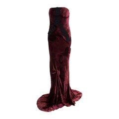 Christian Lacroix Burgundy Velvet Cord Embroidered Strapless Evening Gown M