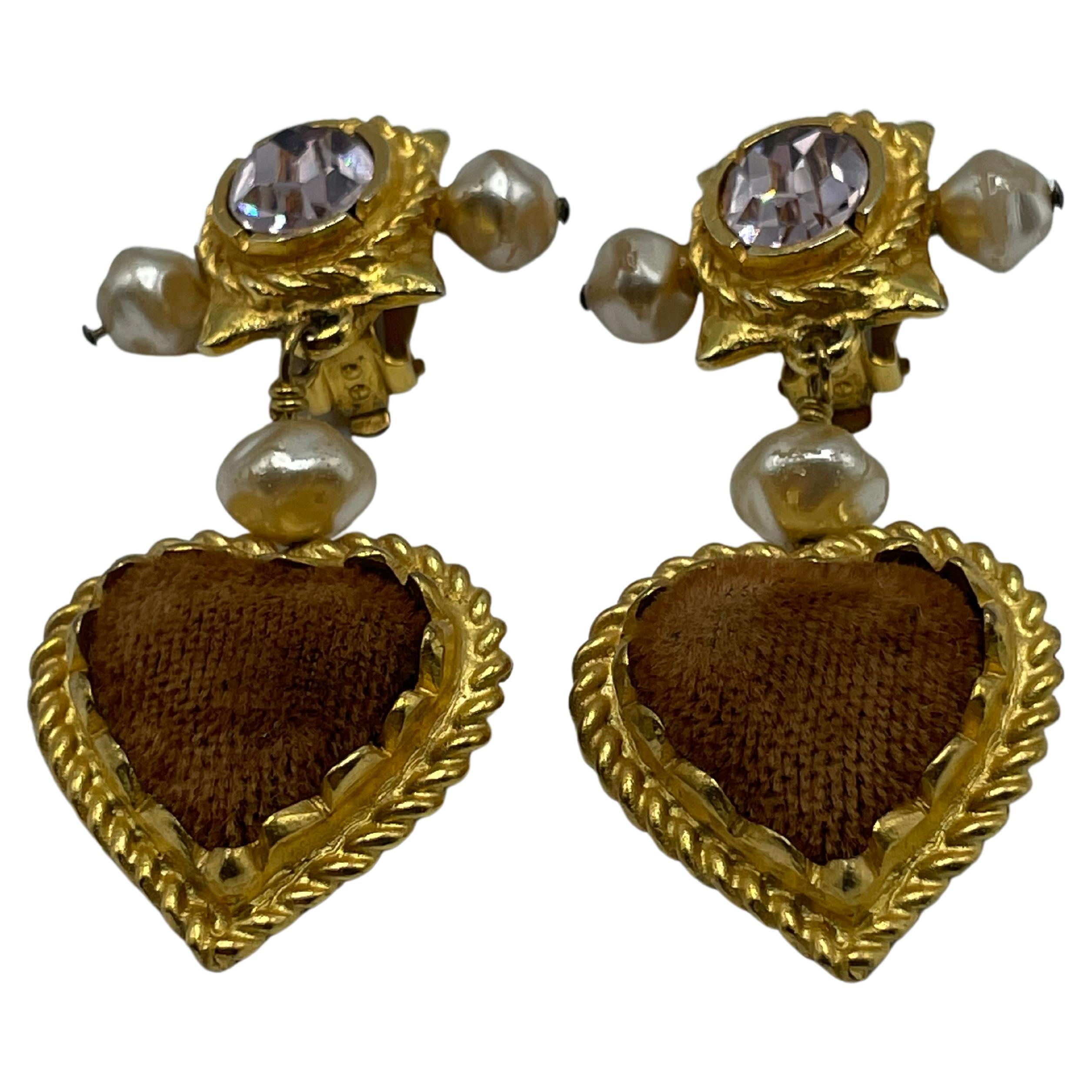 Christian Lacroix Clip-On Gold Toned Pearl And Velvet Earrings. For Sale 1
