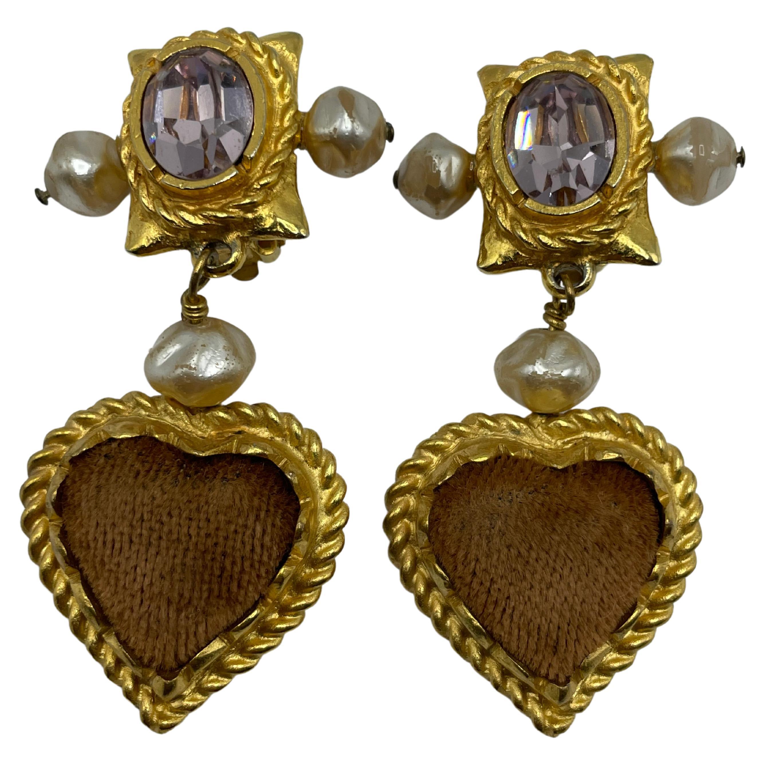 Christian Lacroix Clip-On Gold Toned Pearl And Velvet Earrings. For Sale