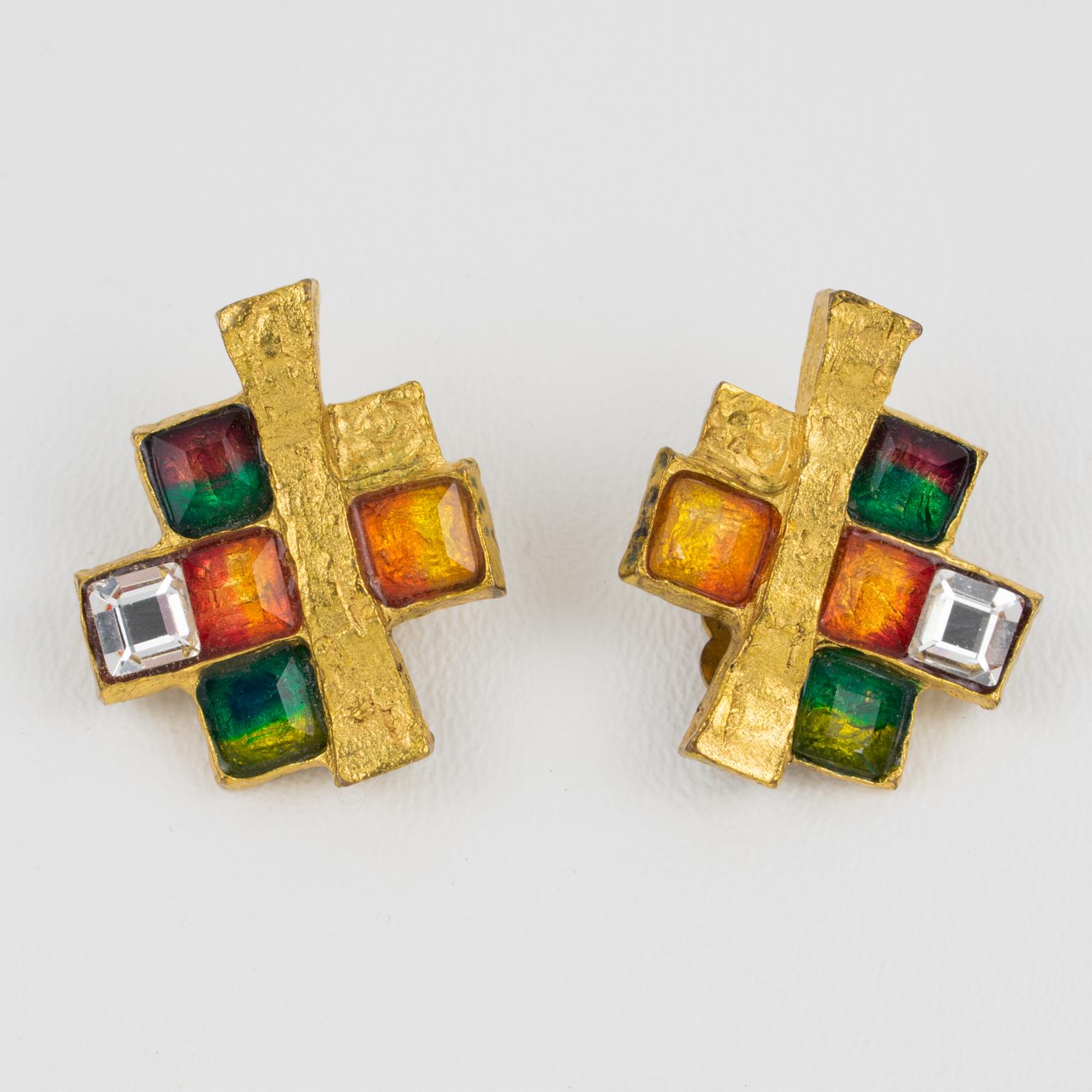 Christian Lacroix Colorful Brutalist Jeweled Clip Earrings In Good Condition In Atlanta, GA