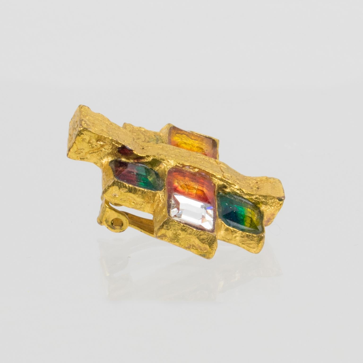 Christian Lacroix Colorful Brutalist Jeweled Clip Earrings 2
