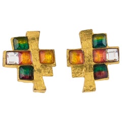 Christian Lacroix Colorful Brutalist Jeweled Clip Earrings