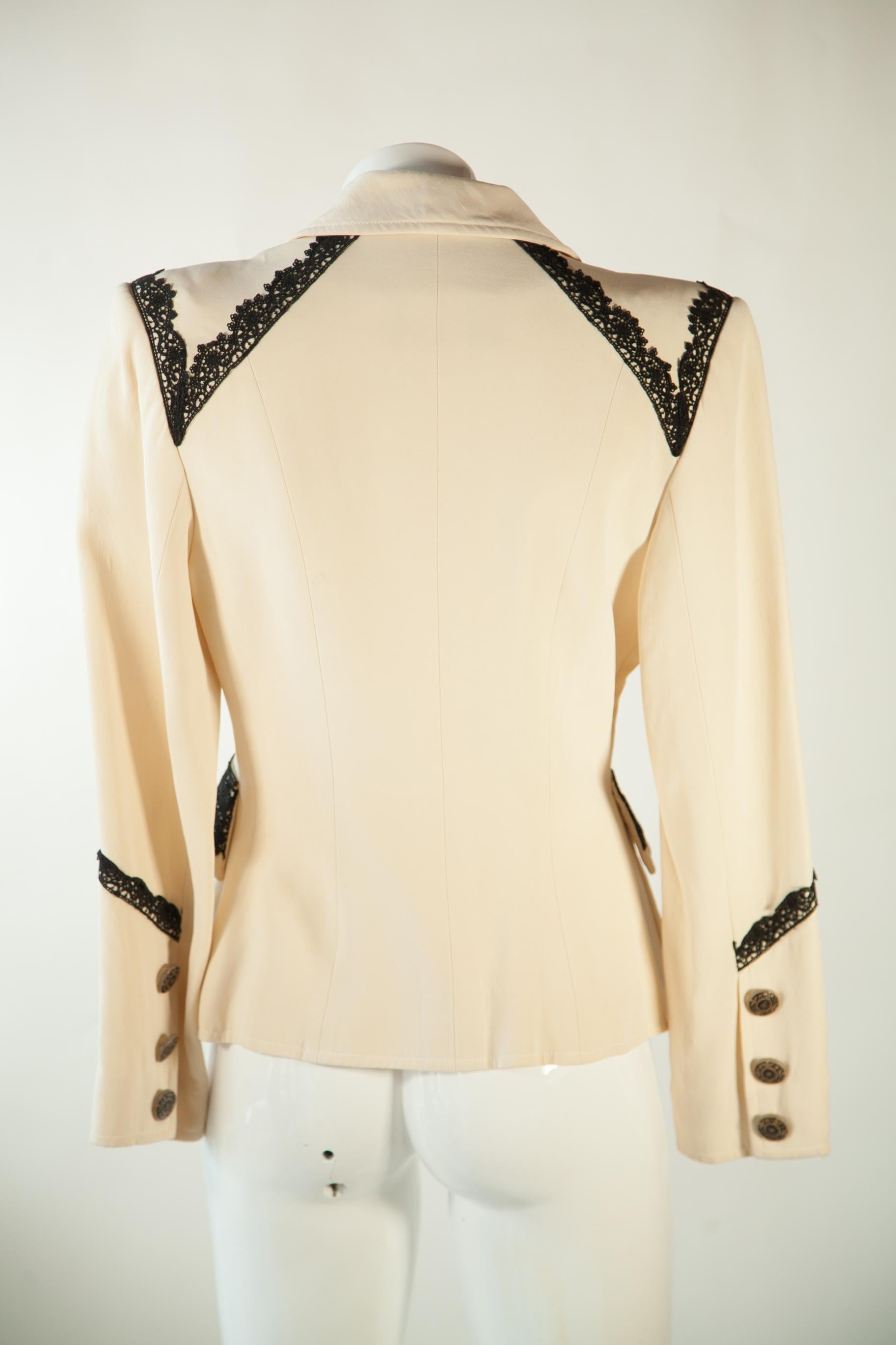Christian Lacroix, cream, three-button blazer, lace detail and trapezoid pockets In Excellent Condition In Kingston, NY