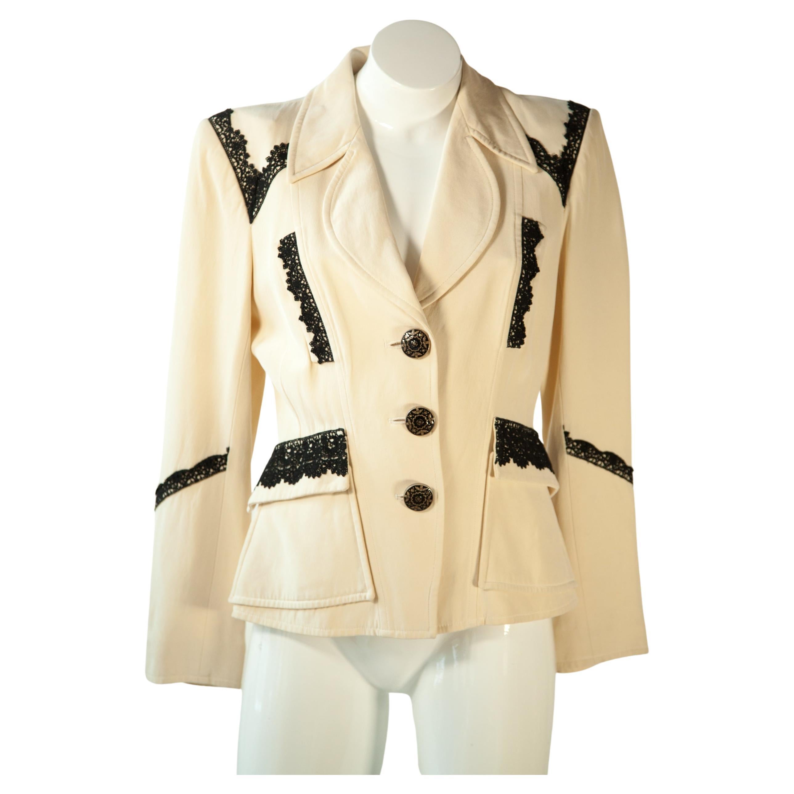 Christian Lacroix, cream, three-button blazer, lace detail and trapezoid pockets