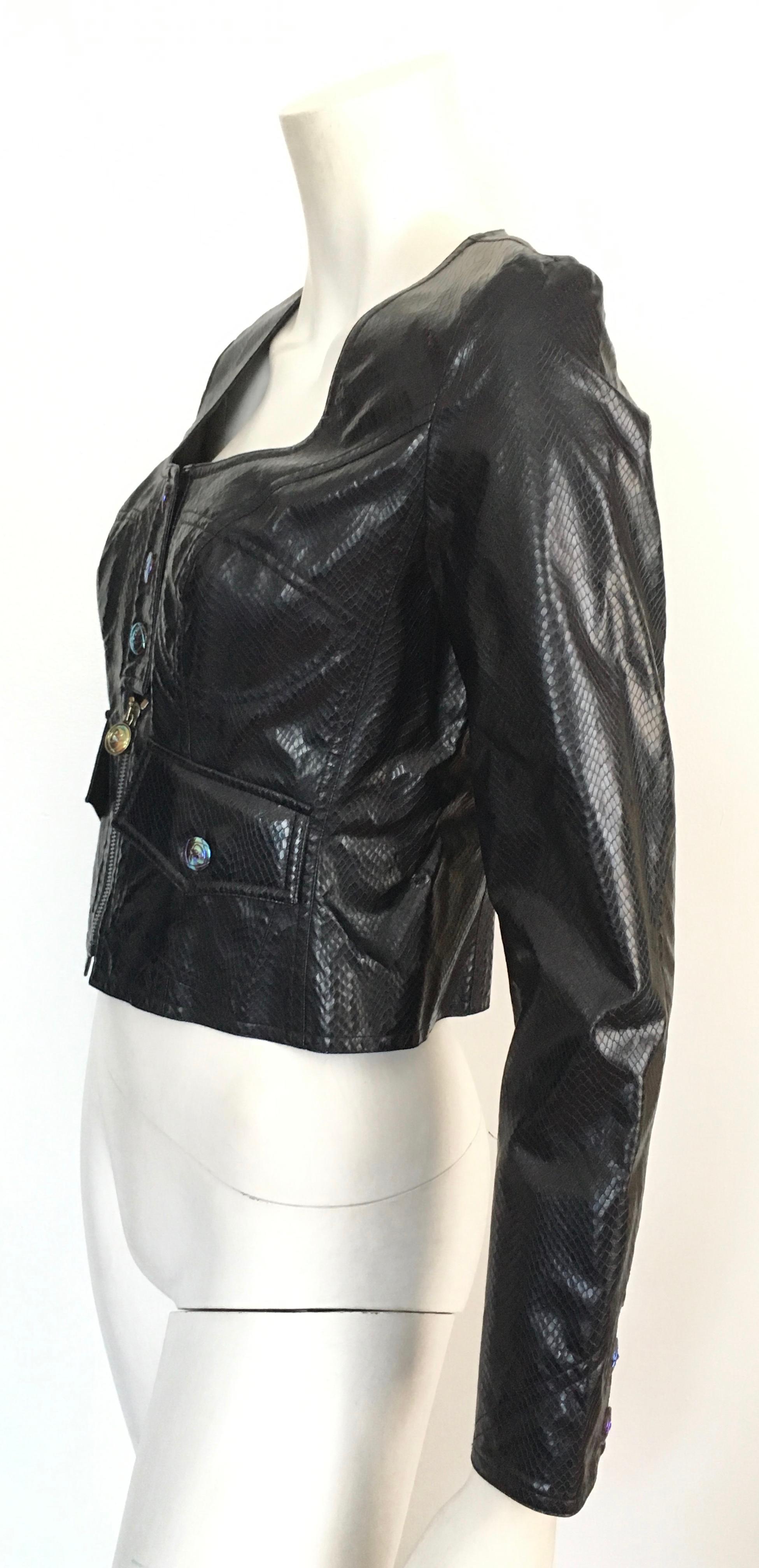 Christian Lacroix Cropped Black Faux Snakeskin Biker Jacket Size 6. For Sale 9