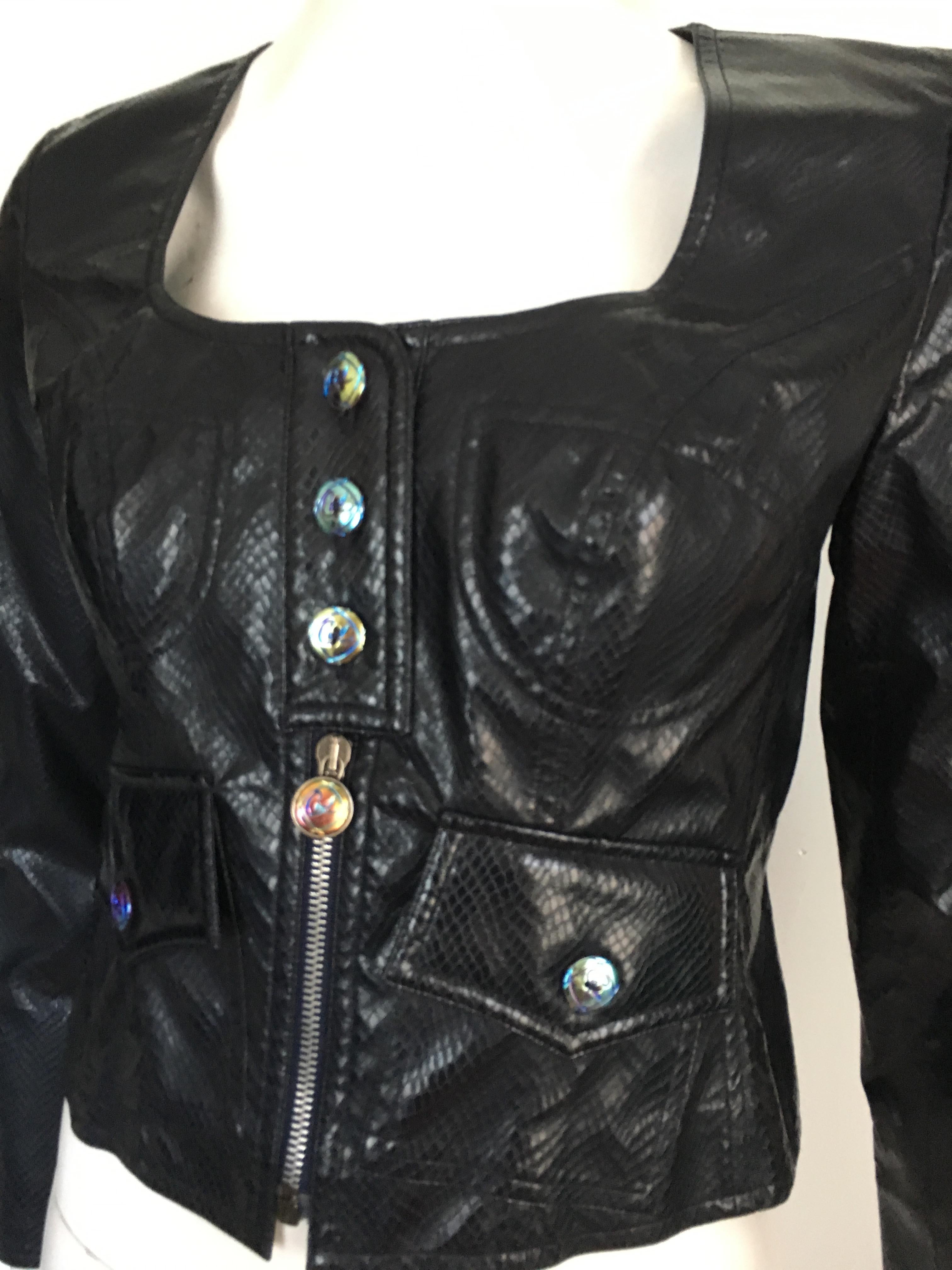 Women's or Men's Christian Lacroix Cropped Black Faux Snakeskin Biker Jacket Size 6. For Sale