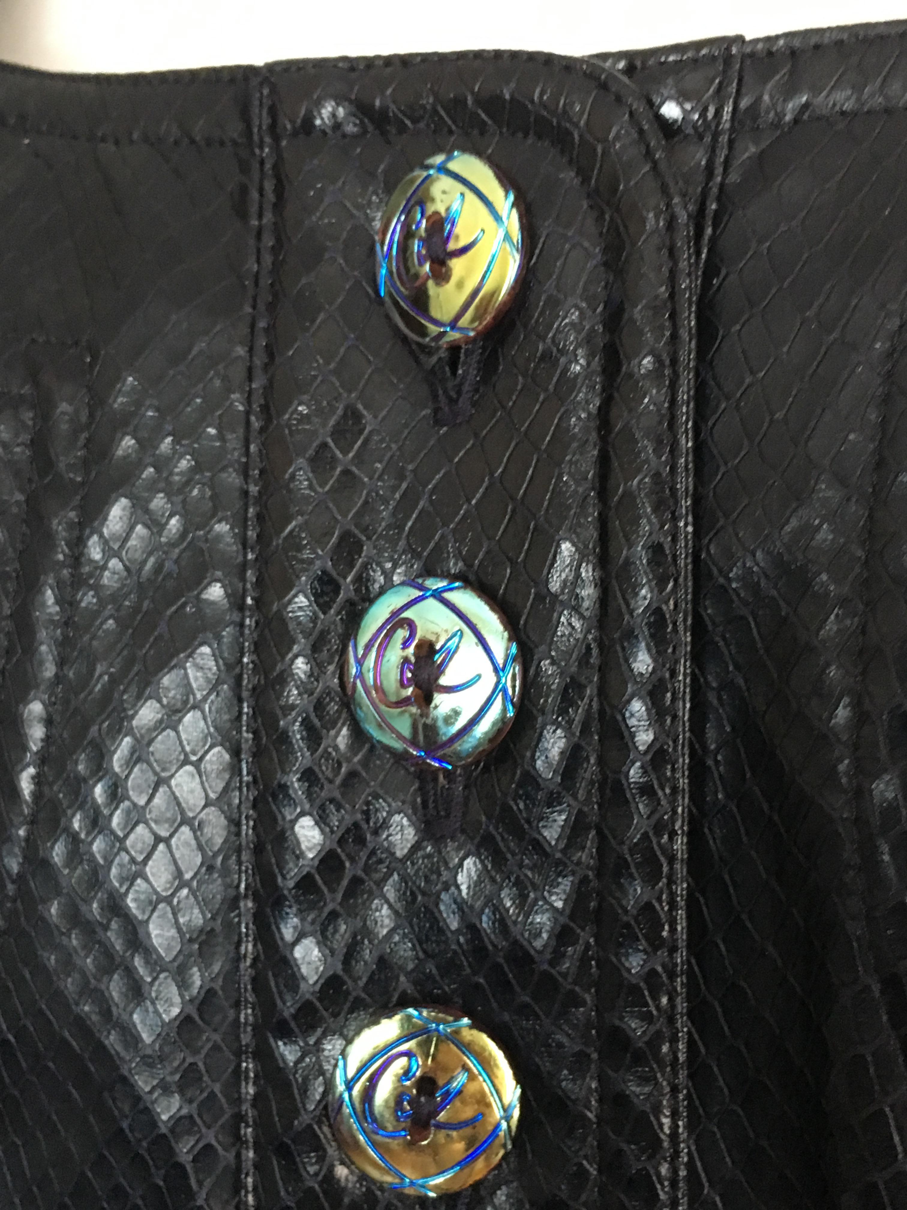 Christian Lacroix Cropped Black Faux Snakeskin Biker Jacket Size 6. For Sale 1