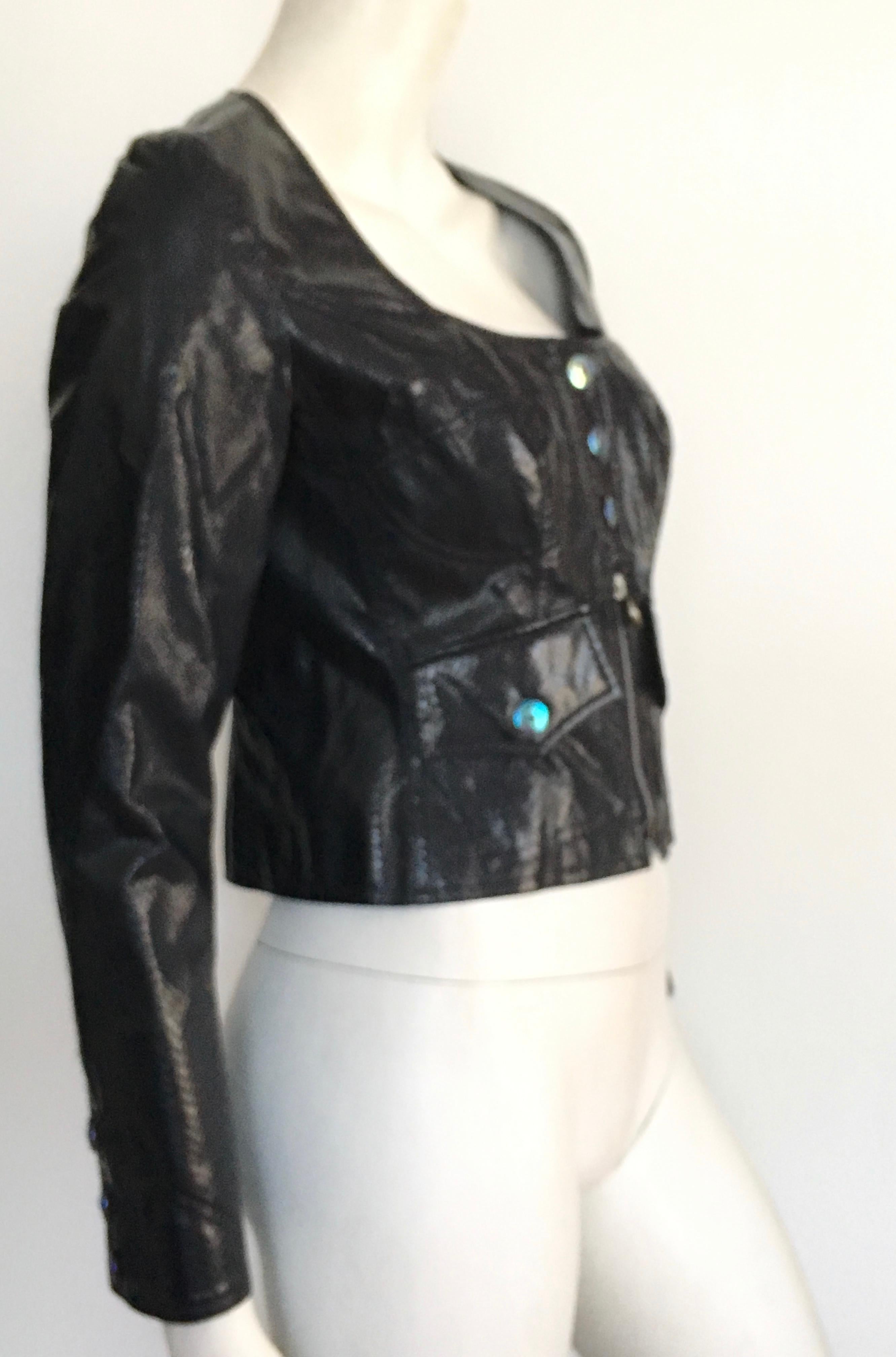 Christian Lacroix Cropped Black Faux Snakeskin Biker Jacket Size 6. For Sale 4