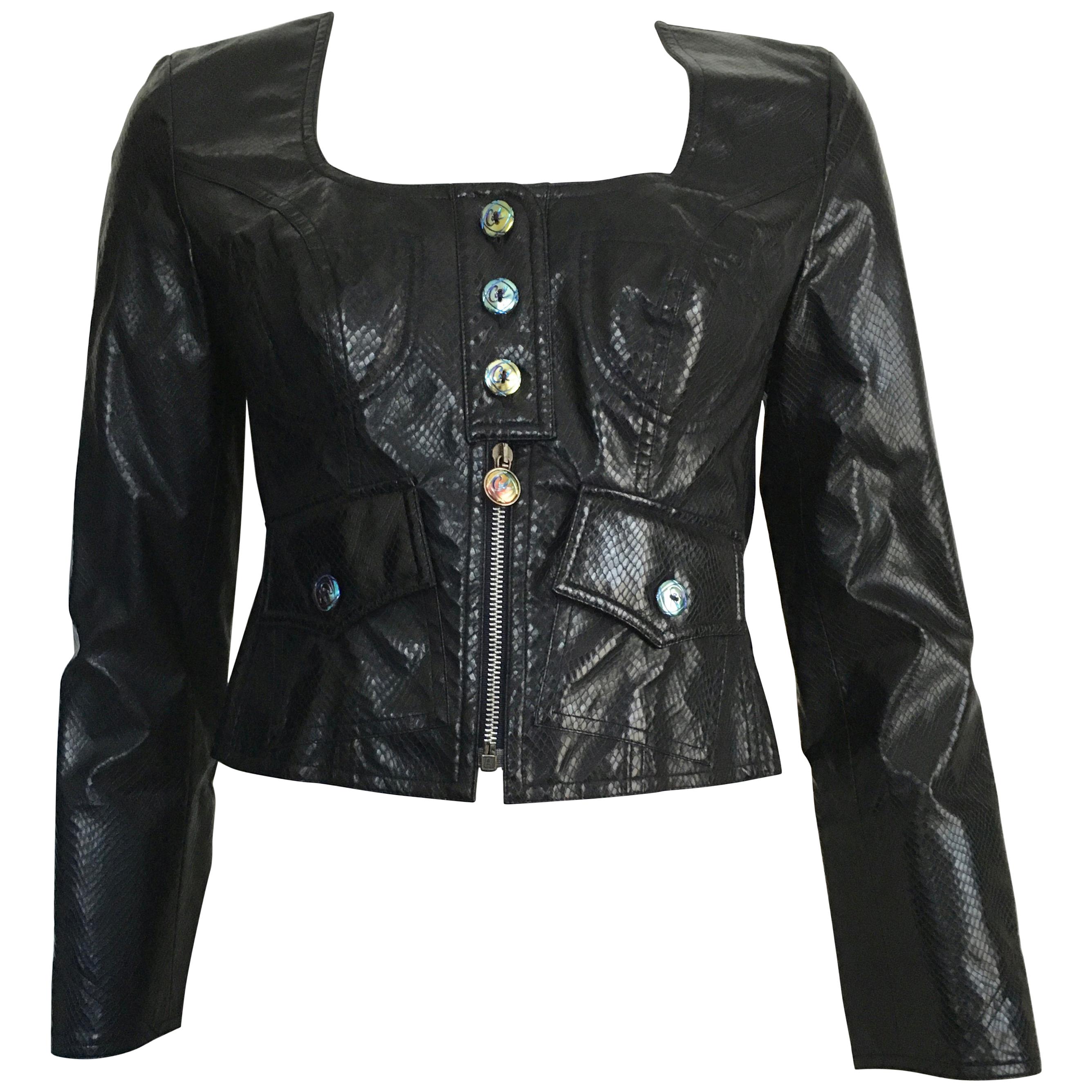 Christian Lacroix Cropped Black Faux Snakeskin Biker Jacket Size 6. For Sale