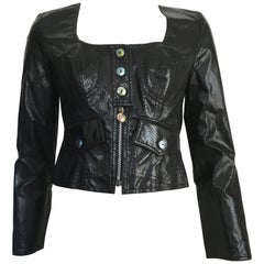 Christian Lacroix Cropped Black Faux Snakeskin Biker Jacket Size 6.