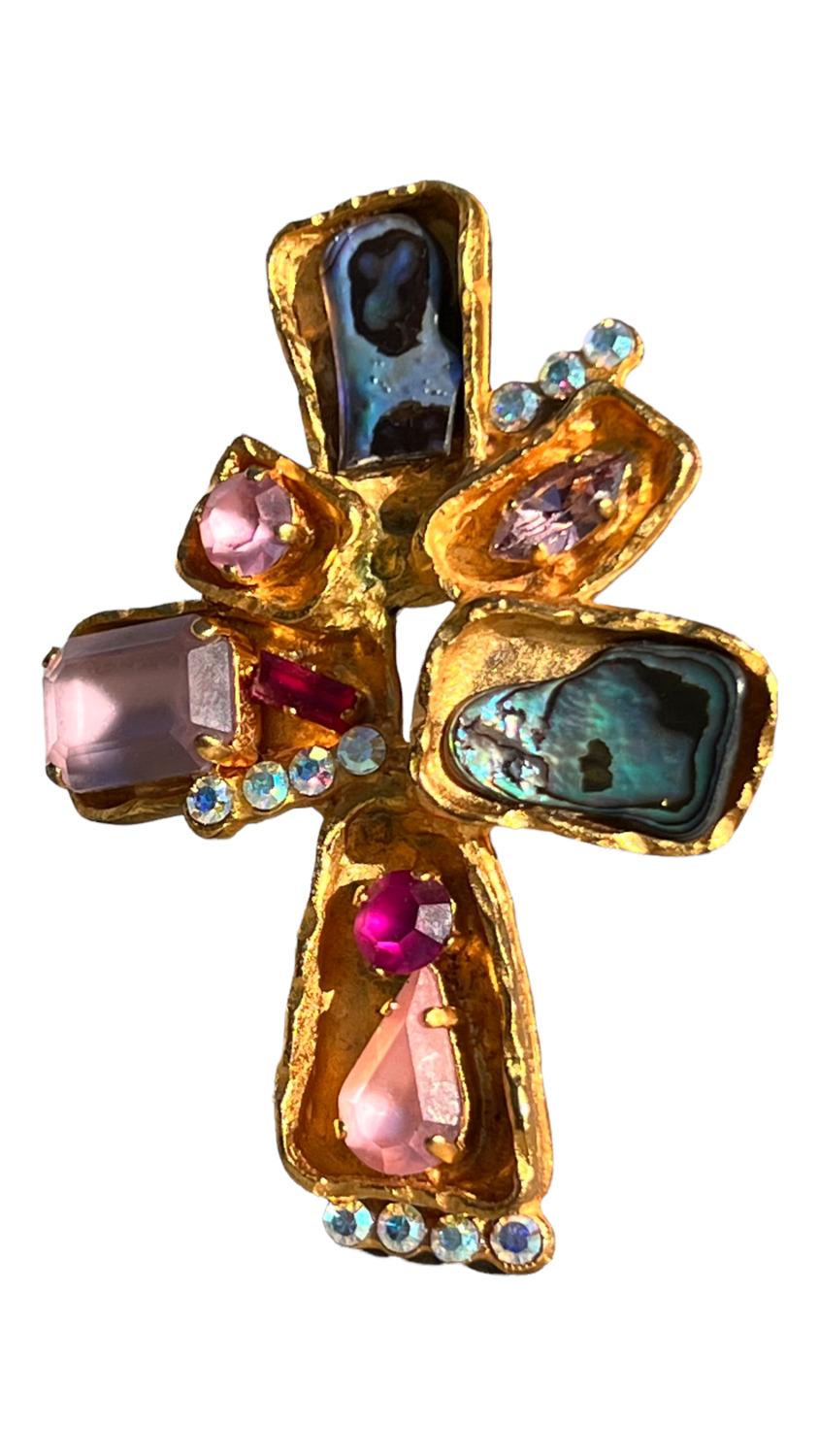 Christian Lacroix cross, pendant and brooch , blue abalone pink frosted Swarovski at 1stDibs
