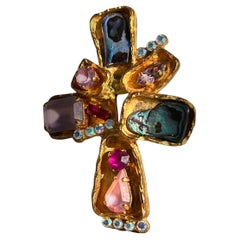 Vintage Christian Lacroix  cross, pendant & brooch , blue abalone pink frosted Swarovski 