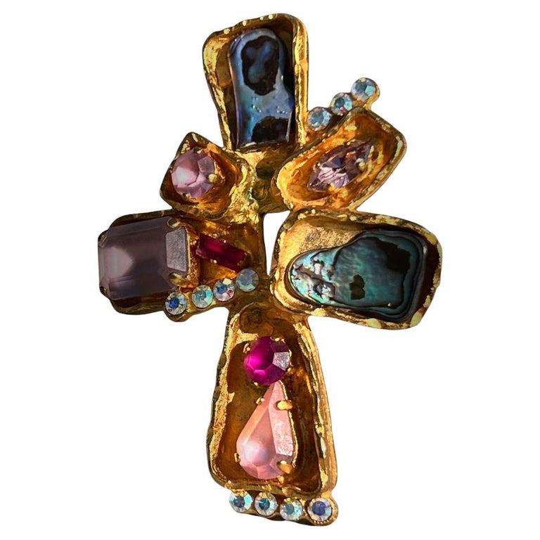 Christian Lacroix cross, pendant and brooch , blue abalone pink frosted  Swarovski at 1stDibs