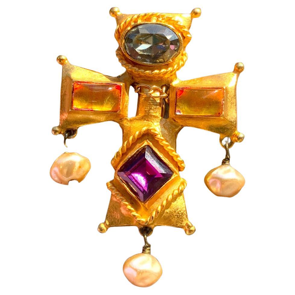 Christian Lacroix  cross pendant  light amethyst aquamarine swarovski gold resin For Sale