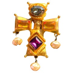 Vintage Christian Lacroix  cross pendant  light amethyst aquamarine swarovski gold resin