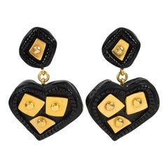 Christian Lacroix Dangle Black Resin Heart Clip Earrings