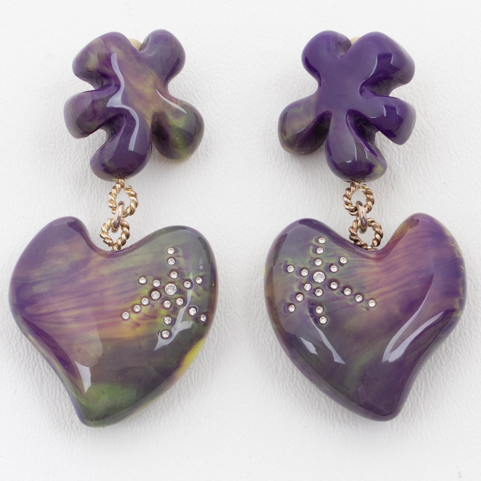 Modern Christian Lacroix Dangle Clip Earrings Amethyst and Yellow Resin Heart For Sale
