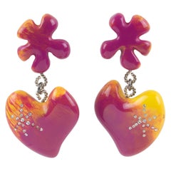 Christian Lacroix Dangle Clip Earrings Hot Pink Resin Heart