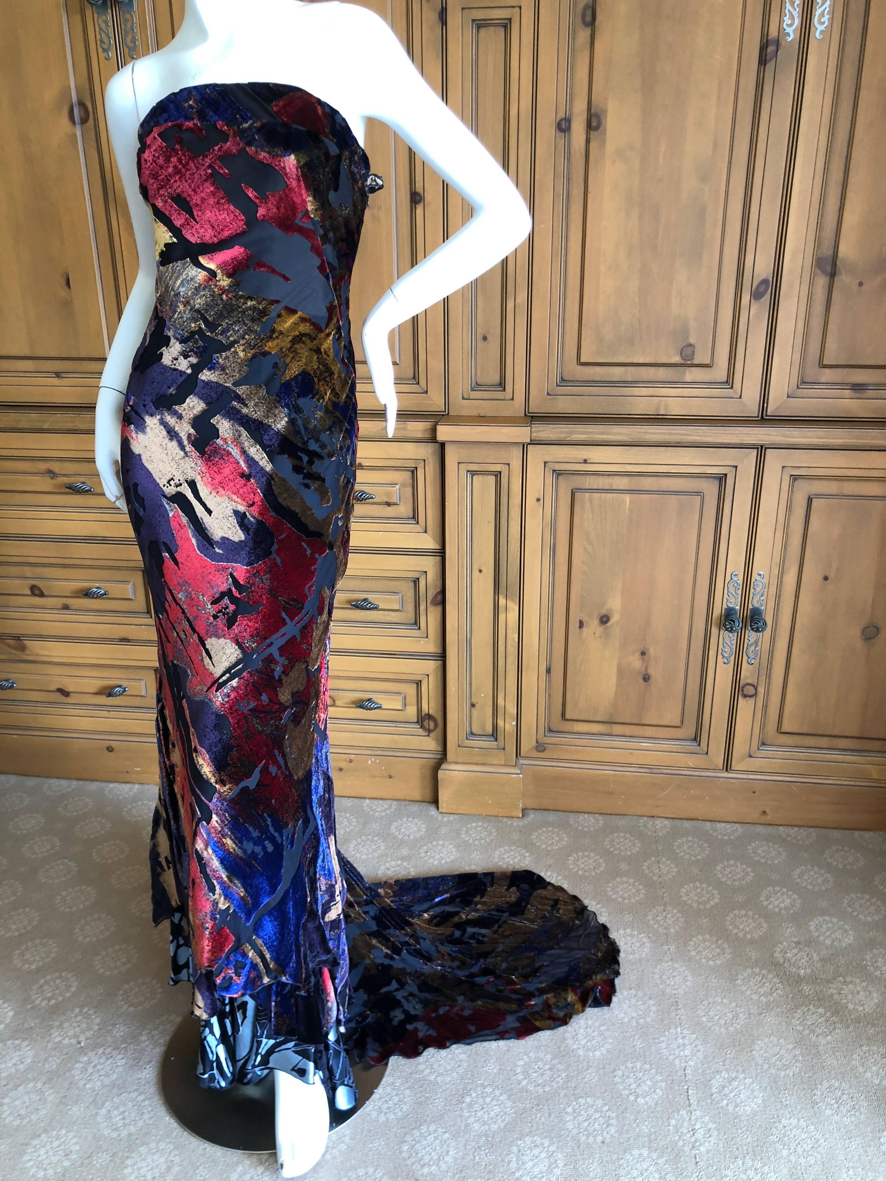 Christian Lacroix Devore Velvet Vintage Evening Dress with Train and Shawl 
Colorful bias cut devore velvet evening dress with a train and matching shawl from Lacroix sweetie.
  Size 38
 Bust 34