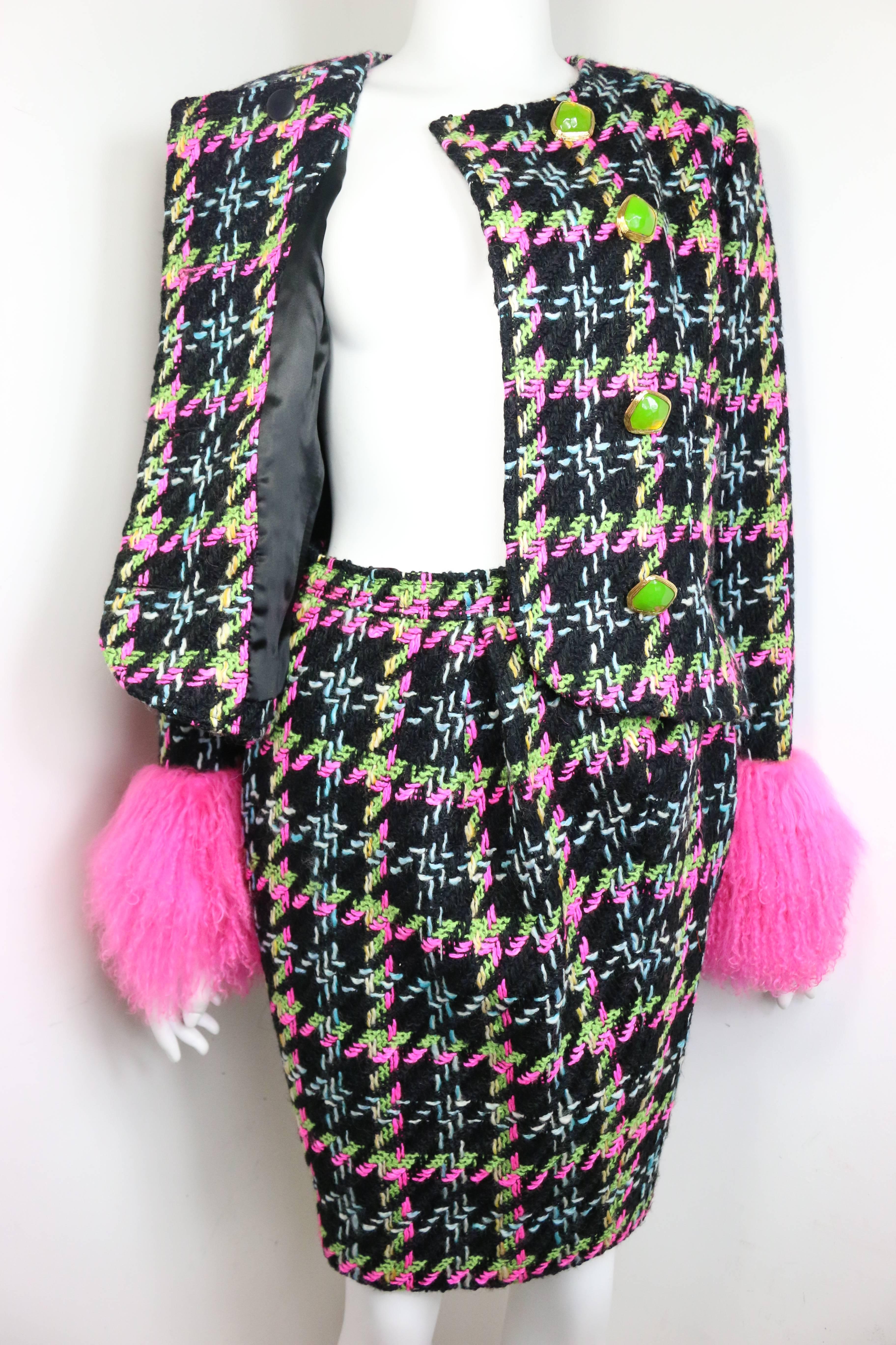 Women's Christian Lacroix Double Breasted Houndstooth Tweed Wool Suit and Skirt Ensemble For Sale