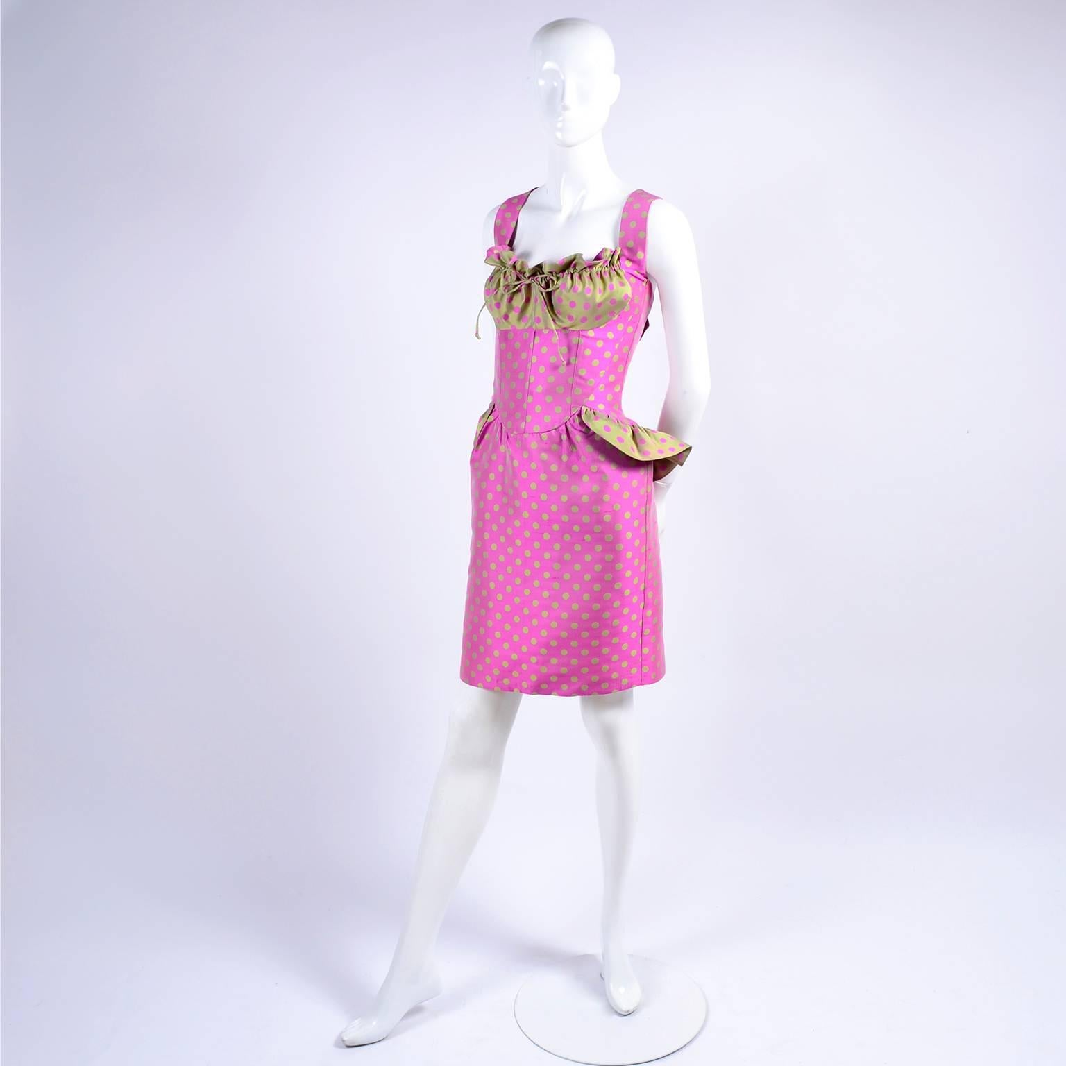 Christian Lacroix Pink and Green Polka Dot Dress With Peplum and Gathered Bust 5