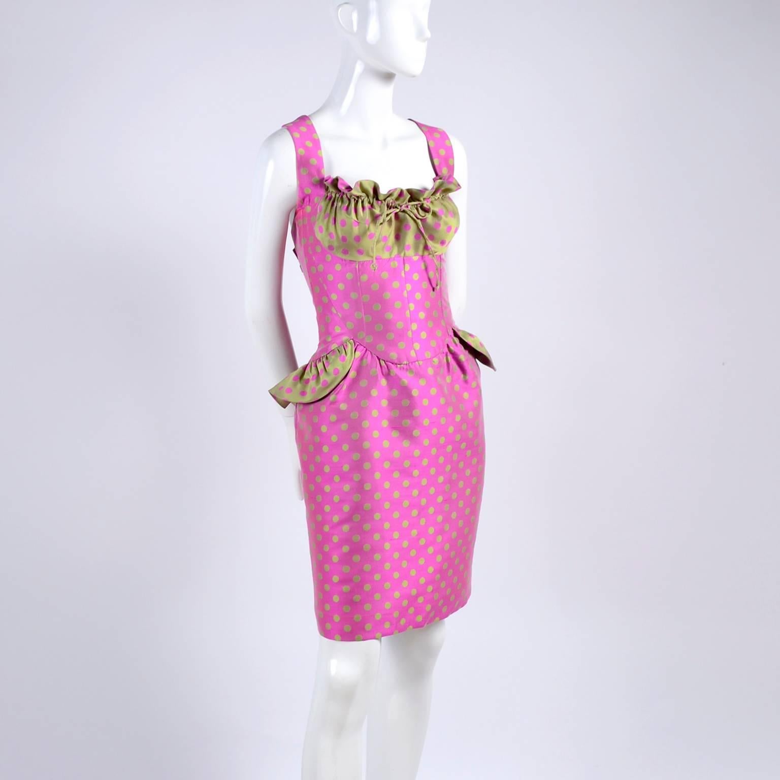 Christian Lacroix Pink and Green Polka Dot Dress With Peplum and Gathered Bust 10