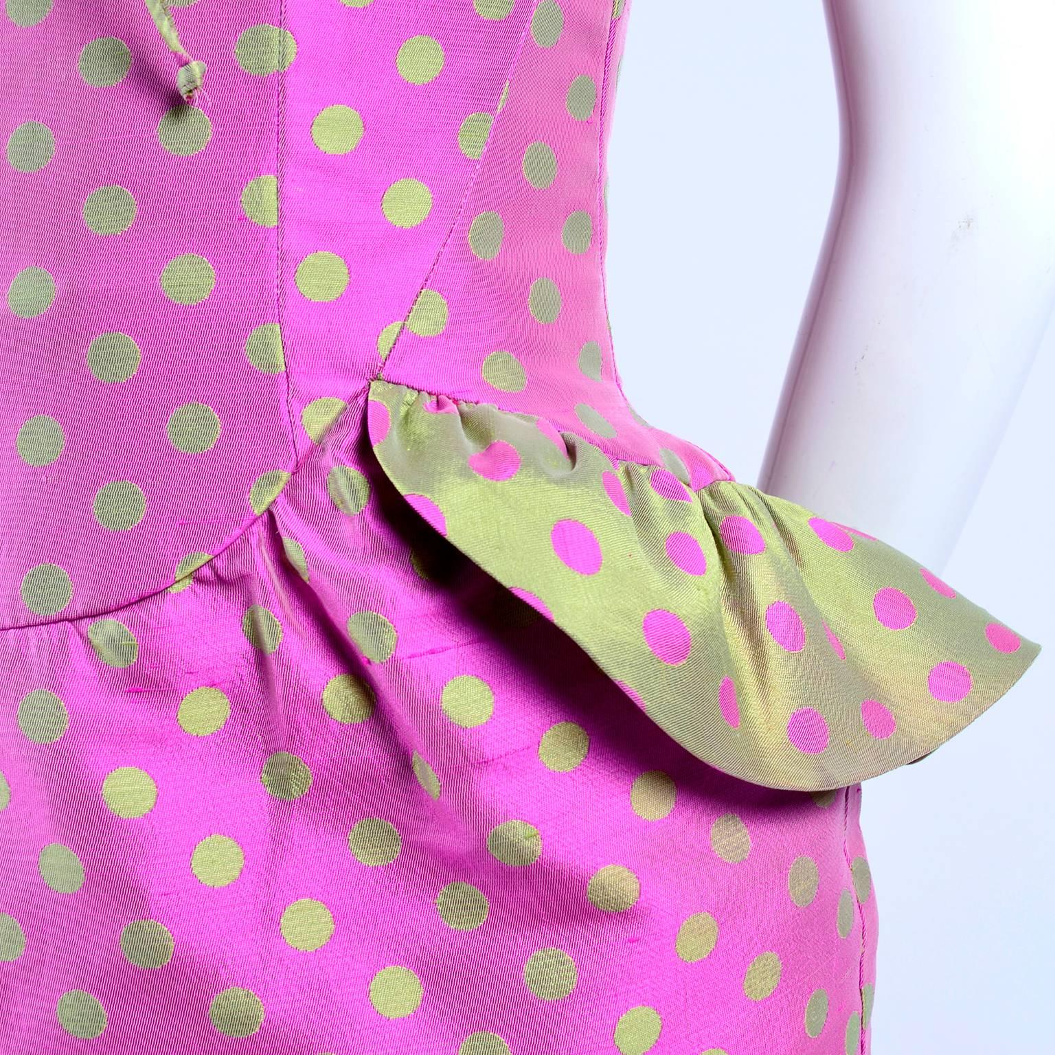 Purple Christian Lacroix Pink and Green Polka Dot Dress With Peplum and Gathered Bust